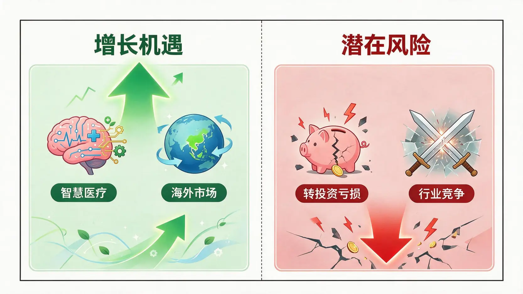 盛弘投资价值分析图,左侧为增长机遇(智慧医疗、海外市场),右侧为潜在风险(转投资亏损、行业竞争)。