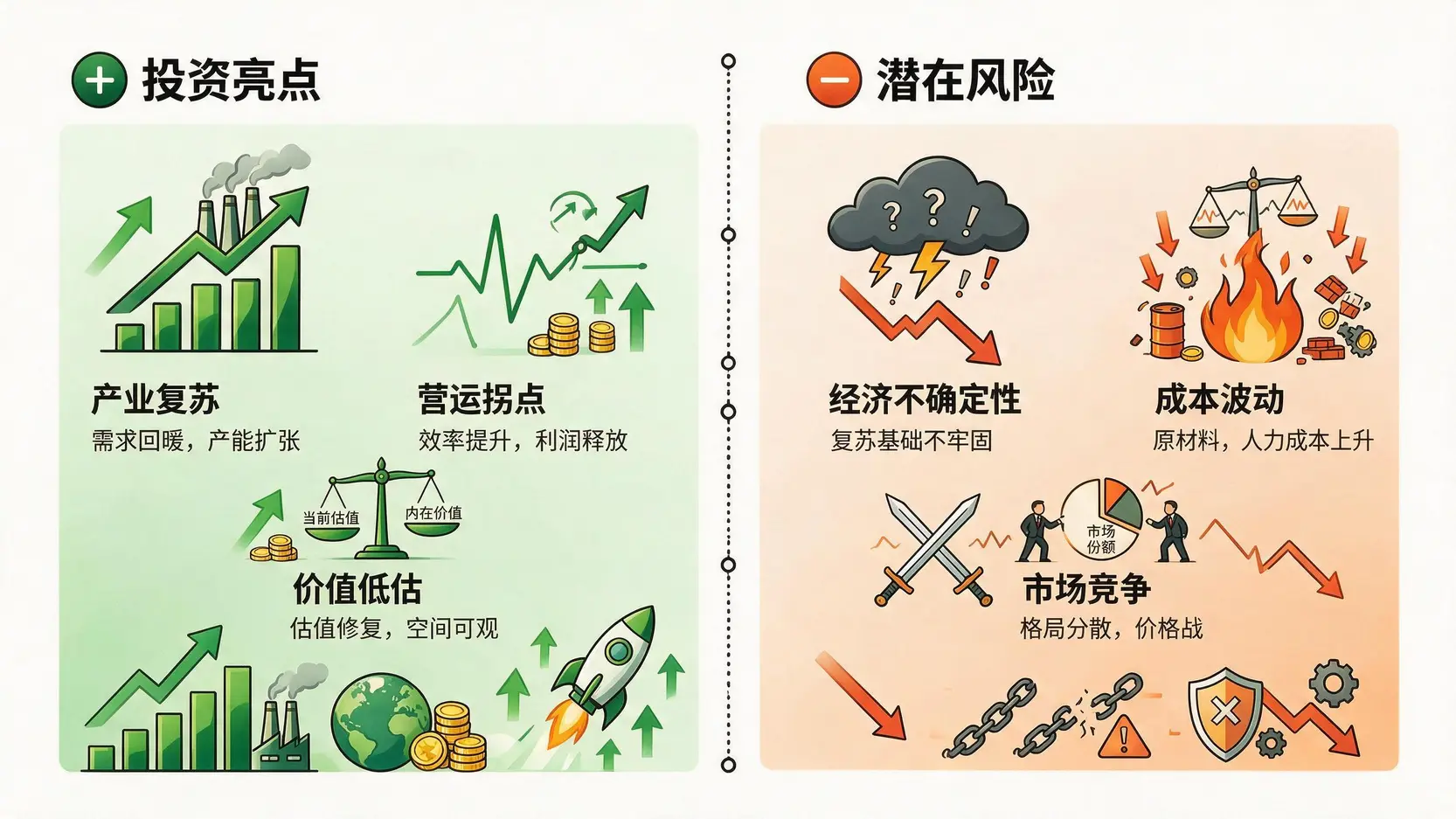 一张对比图,左侧绿色区域展示了投资中美实的亮点,包括产业复苏和营运拐点;右侧橙色区域列出了潜在风险,如宏观经济不确定性和成本波动。