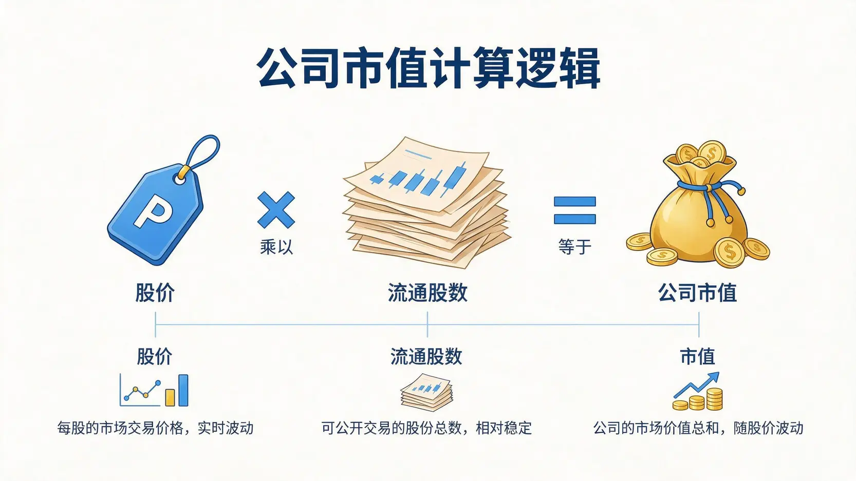 一张图解,展示公司市值的计算方式:股价乘以在外流通股数等于公司总市值。
