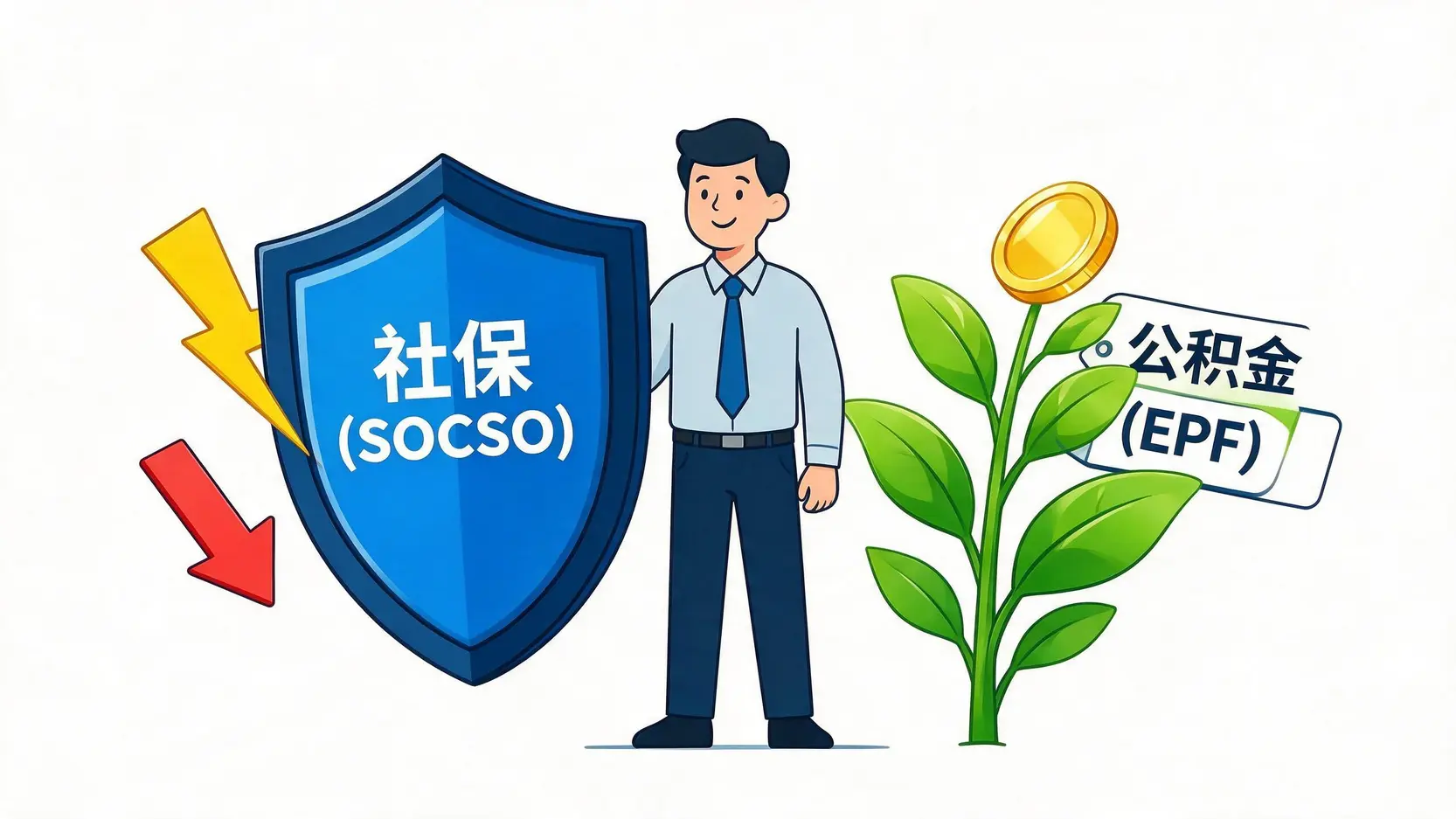 一张图解释马来西亚EPF和SOCSO的区别:SOCSO如盾牌保障当前风险,EPF如储蓄保障未来退休。