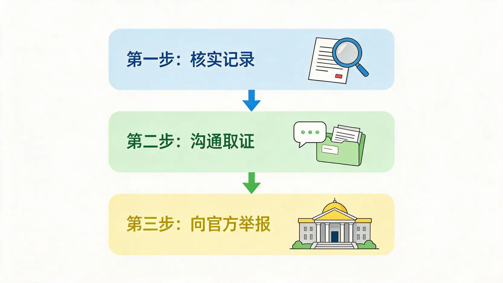 发现雇主未缴纳EPF或SOCSO时应采取的三个步骤流程图:核实记录、沟通取证、向官方举报。