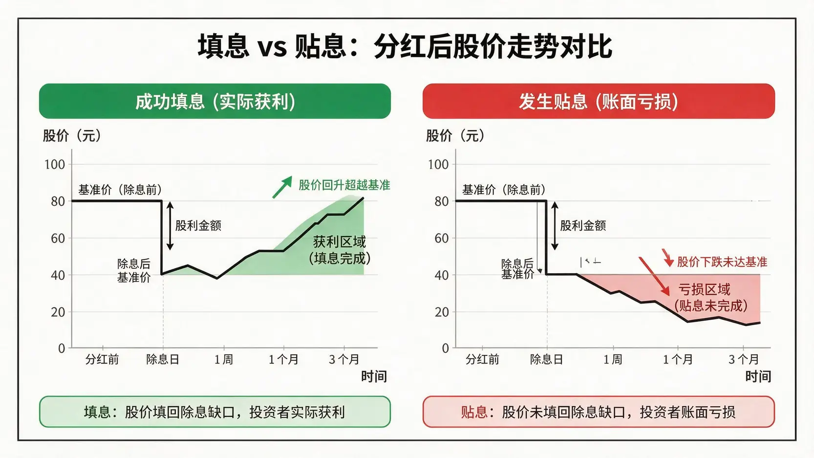 填息与贴息概念对比图,展示除息后股价成功回升和未能回升两种情况对股东收益的影响。