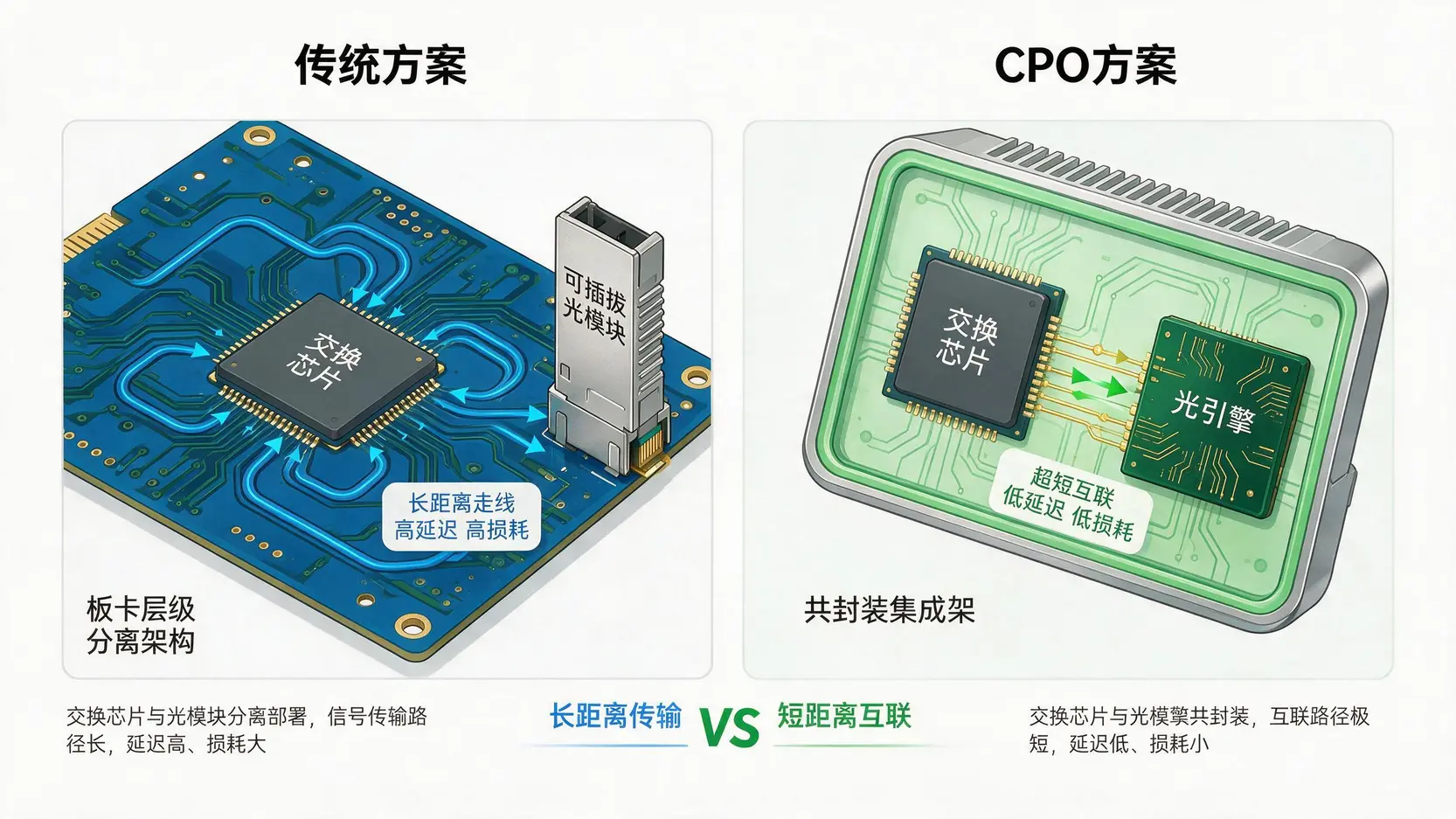 传统可插拔光模块方案与CPO共封装光学方案的对比图,展示了CPO技术的集成优势。