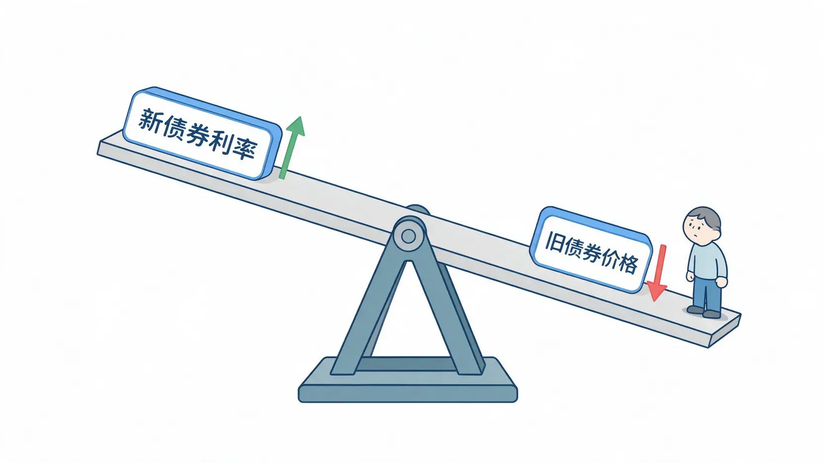 一张图解释利率上升时,旧债券价格为何下跌的跷跷板原理图。