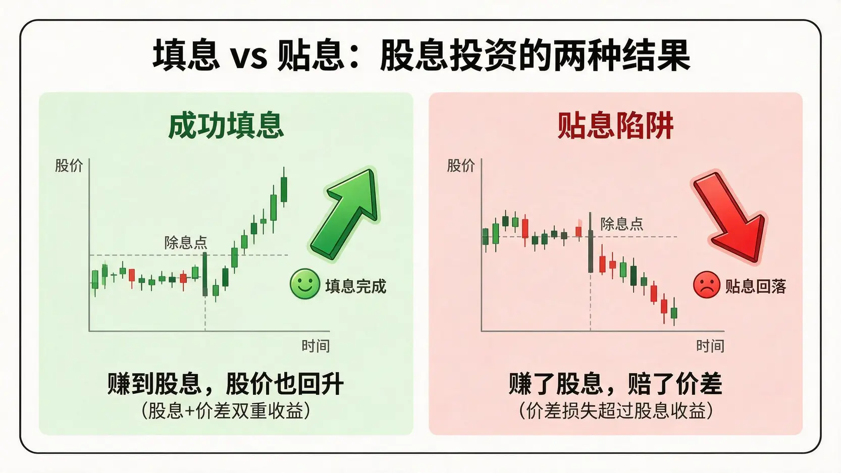 一張圖解釋股票填息與貼息的區別,左邊是成功填息股價上漲,右邊是貼息陷阱股價下跌。