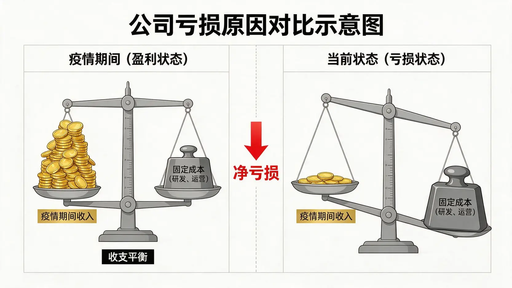 科兴生物财报亏损原因示意图,对比了疫情后急剧下降的收入与刚性不变的运营成本,形象地展示了收入无法覆盖成本的状况。