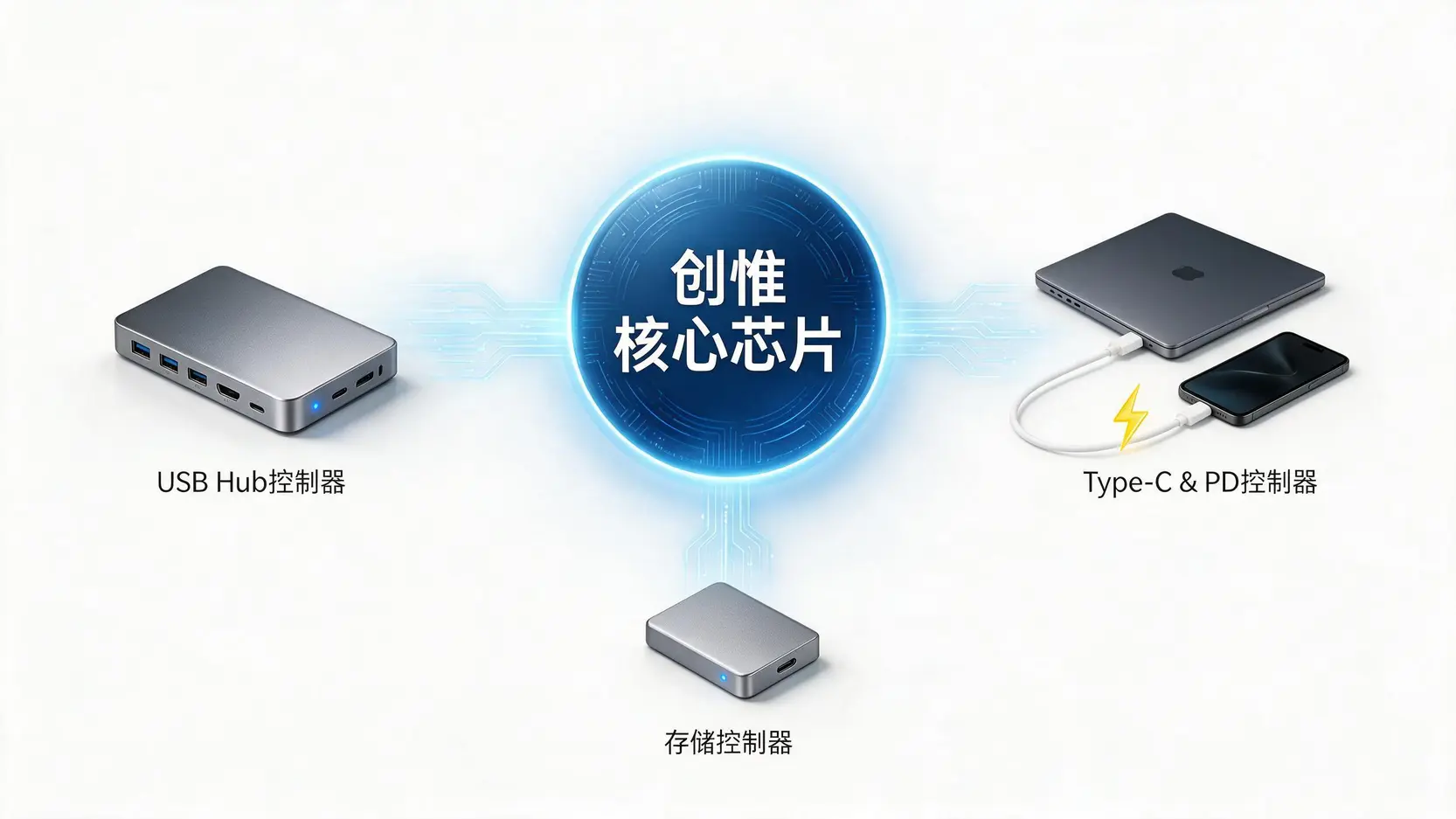 创惟科技核心业务示意图,展示其USB Hub控制器、Type-C与PD控制器和存储控制器的主要应用。