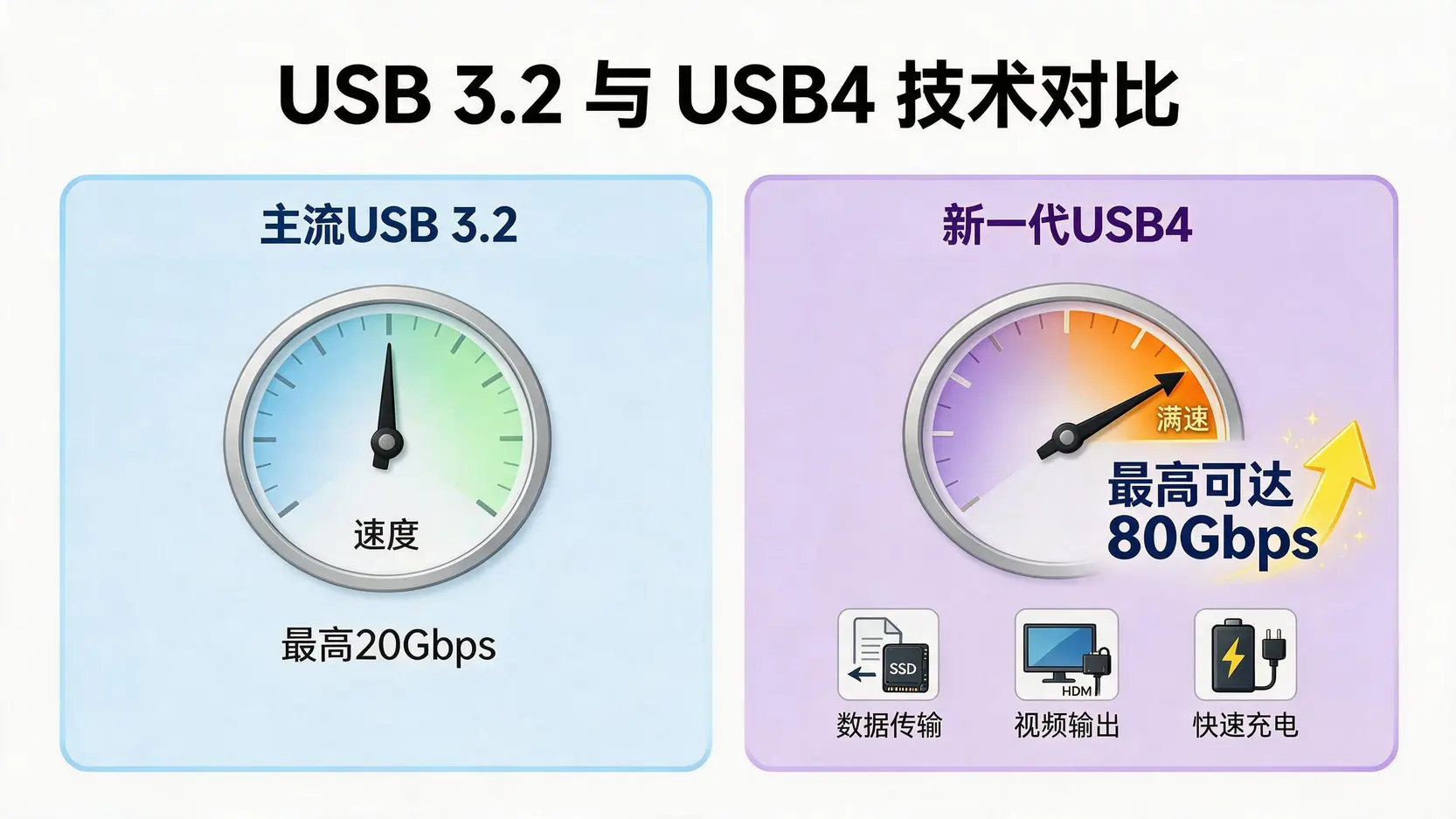 USB4与USB 3.2技术对比图,显示USB4在传输速度和功能整合方面的显著提升。