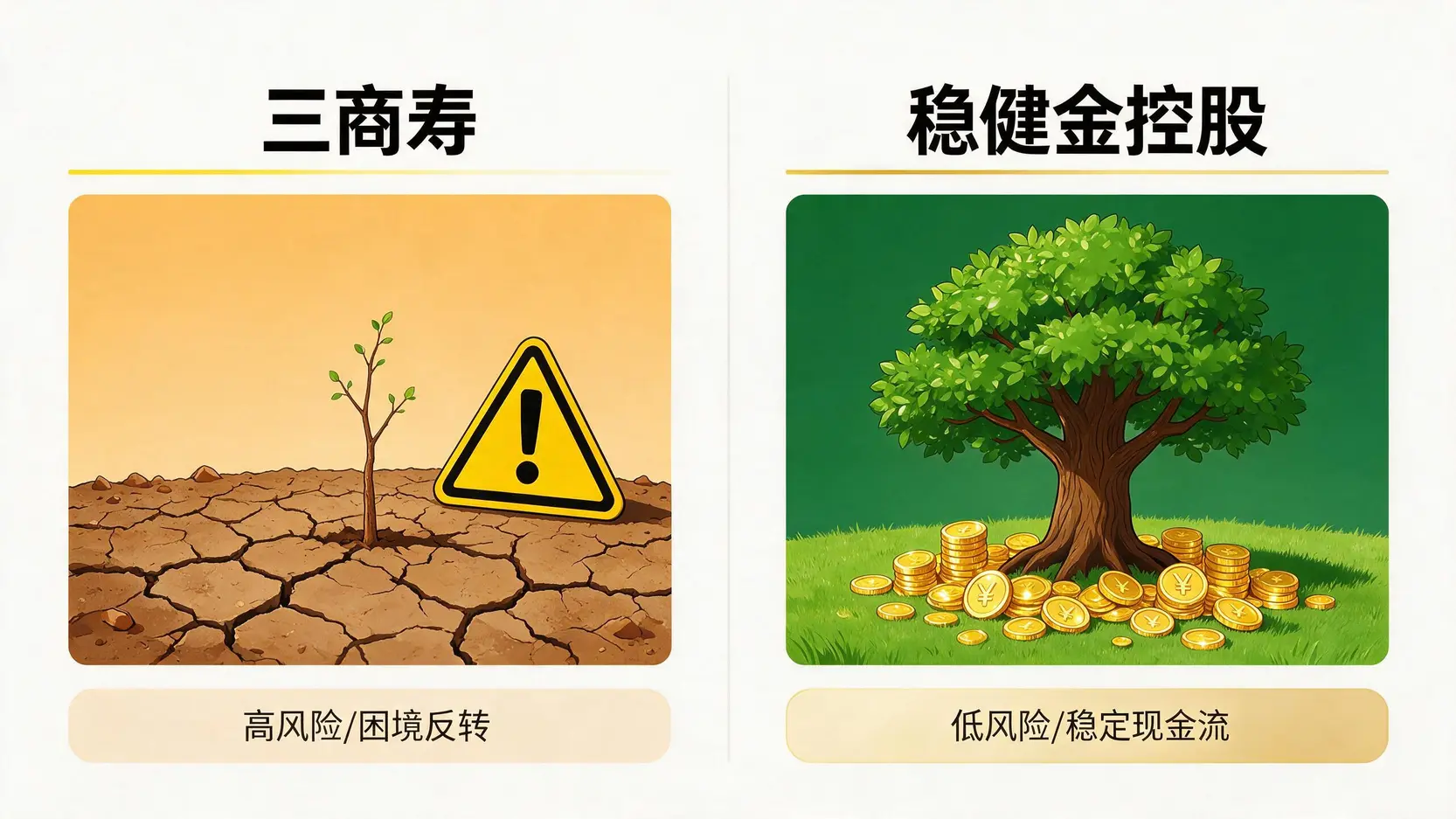 一张对比图,将三商寿的高风险投机属性与富邦金等稳健金融股的稳定价值投资属性进行比较。