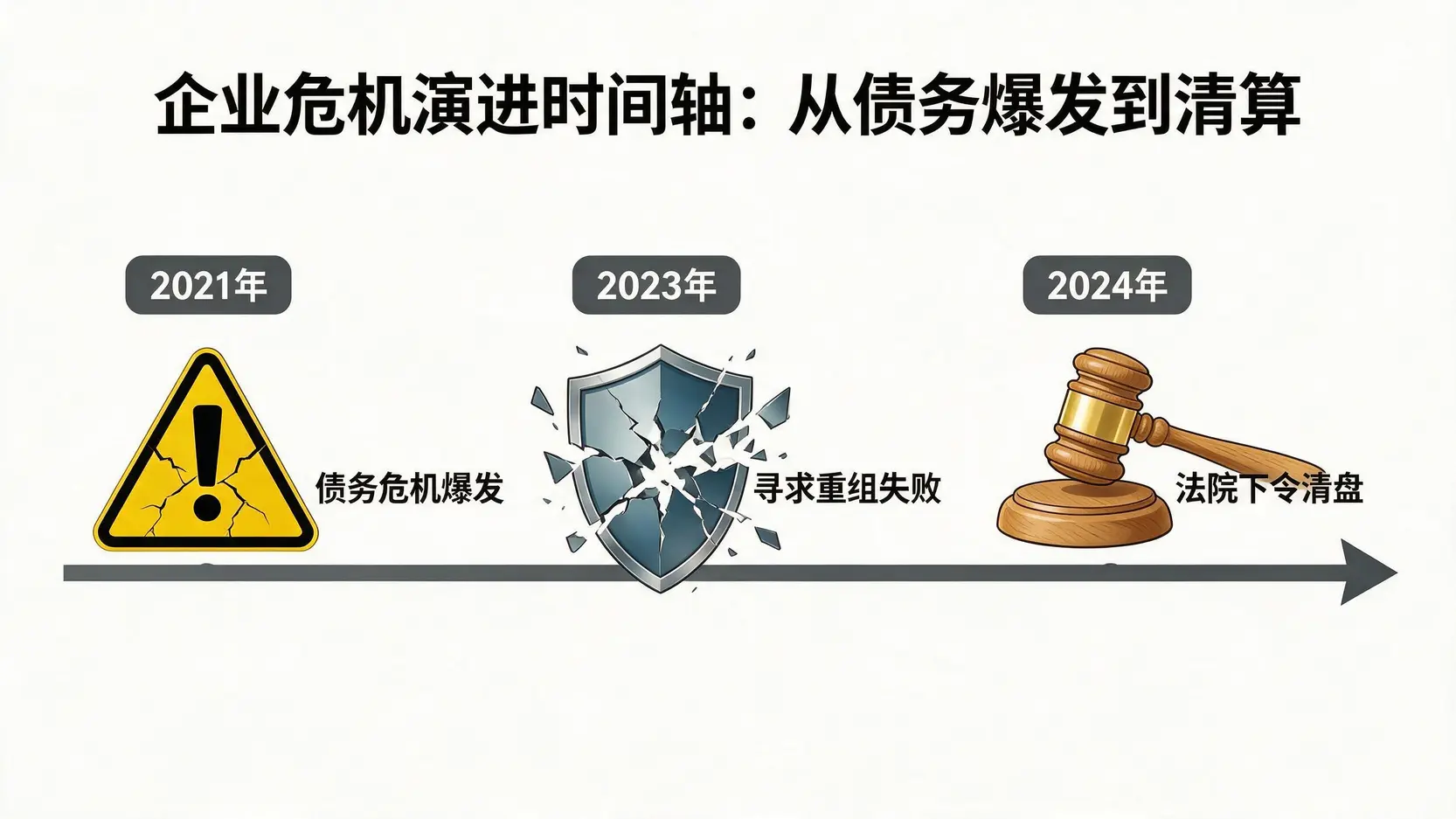 恒大从2021年债务危机爆发,到2023年寻求重组失败,最终在2024年被法院下令清盘的时间轴示意图。