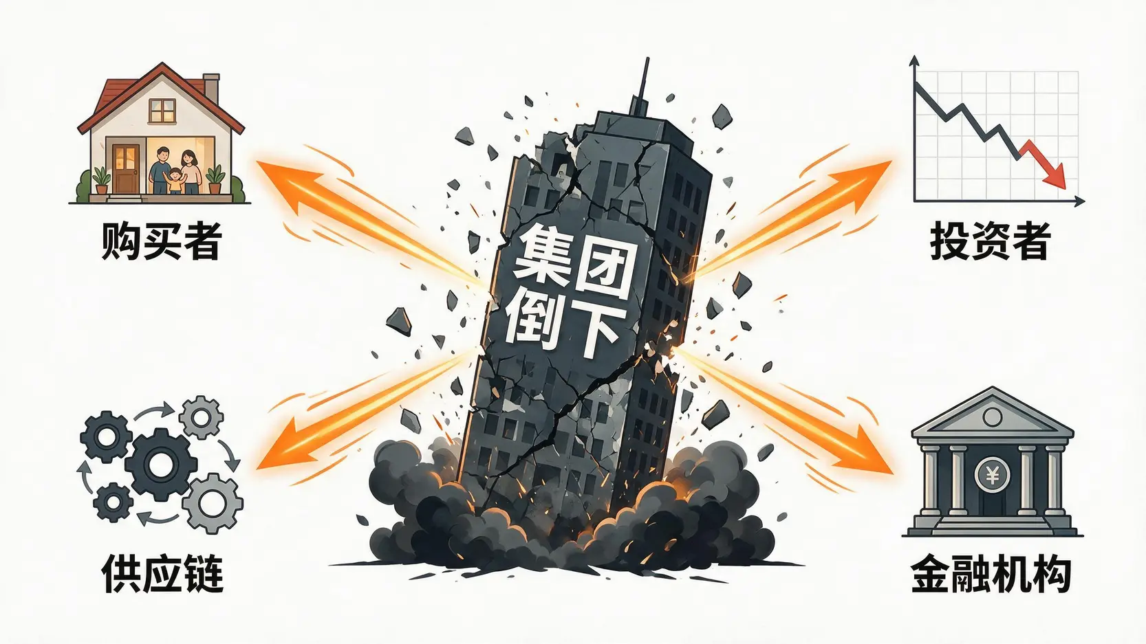 恒大破产连锁效应示意图,展示其倒下如何冲击购房者、投资者、供应链和金融机构四个方面。
