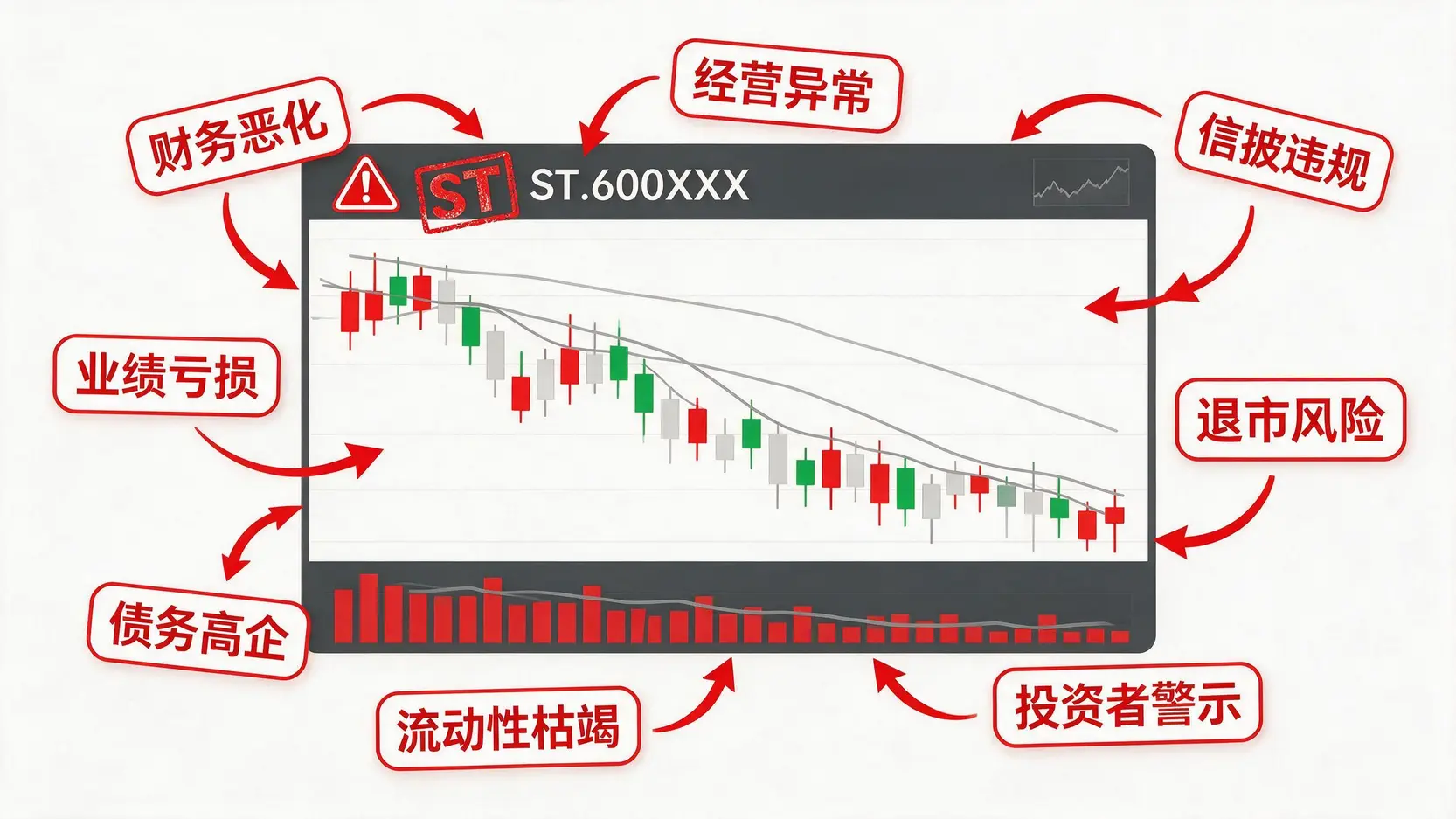 一张图解释什么是ST股票:一个带有红色警告标志的股票,旁边标注着财务恶化和退市风险等警示词语。