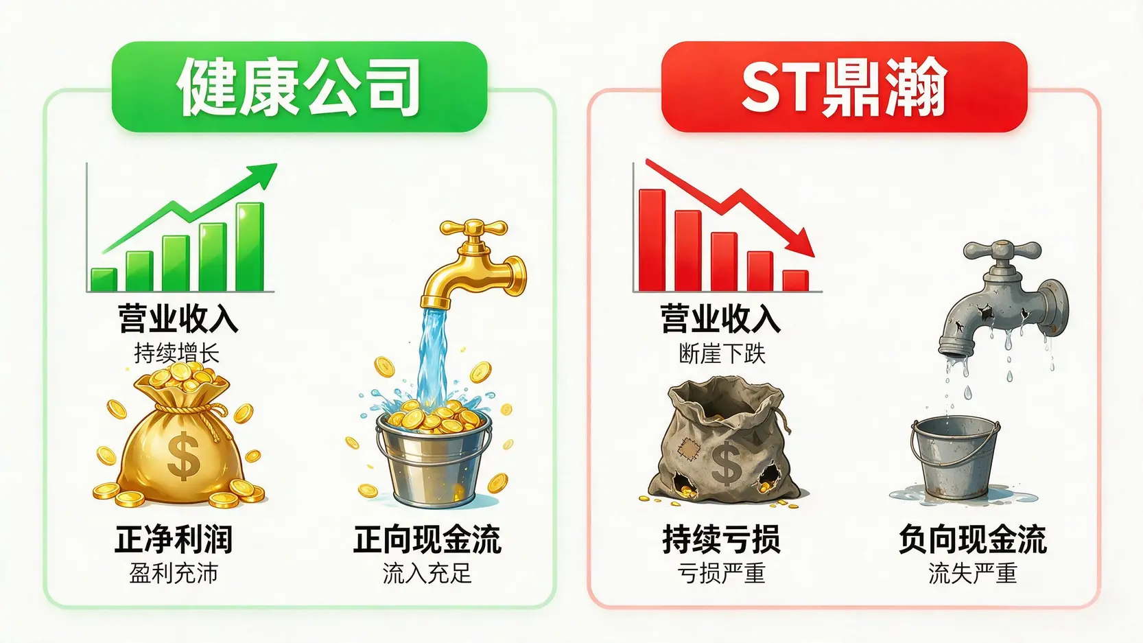 健康公司与ST鼎瀚财务状况对比图,显示了ST鼎瀚在营收、净利和现金流方面的严重问题。