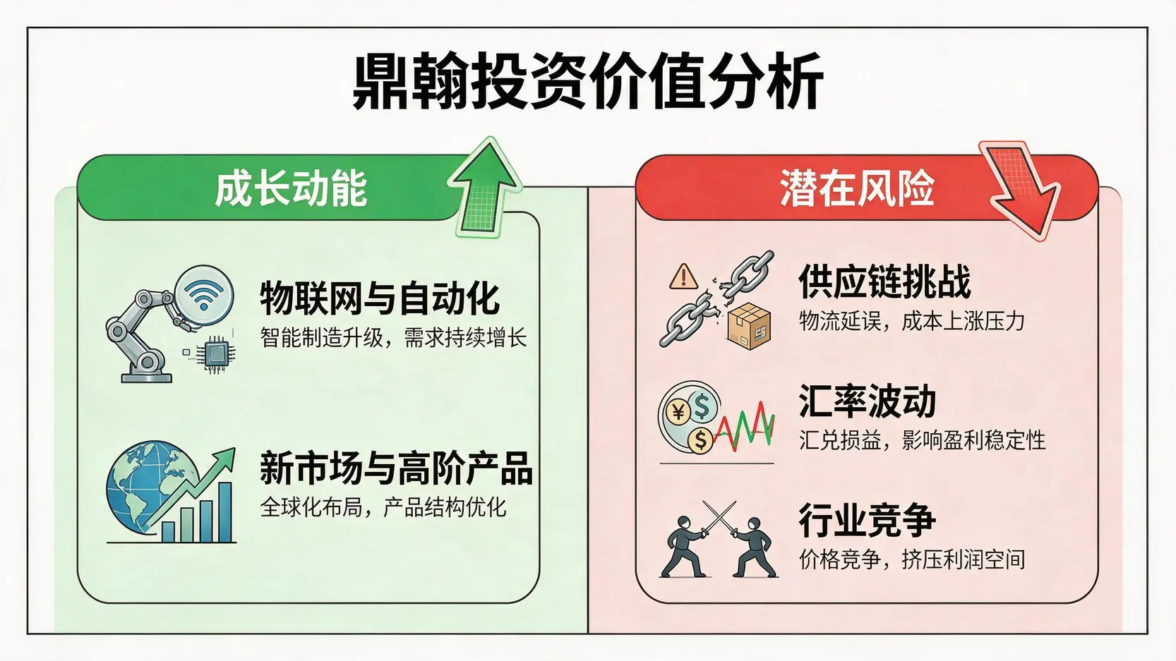 鼎翰未来成长动能与潜在风险对比分析图,包括物联网机遇、新市场扩张、供应链风险、汇率波动和行业竞争。