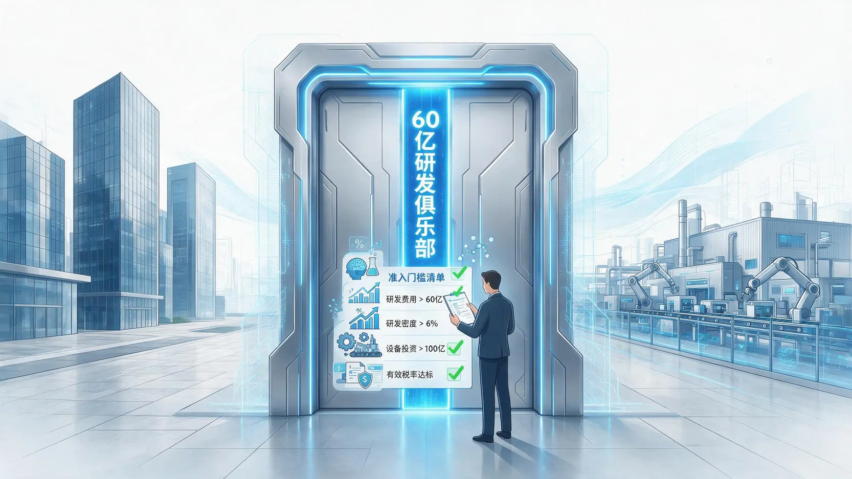 台版芯片法案高门槛资格示意图,展示了成为“60亿研发俱乐部”成员所需的四大条件。