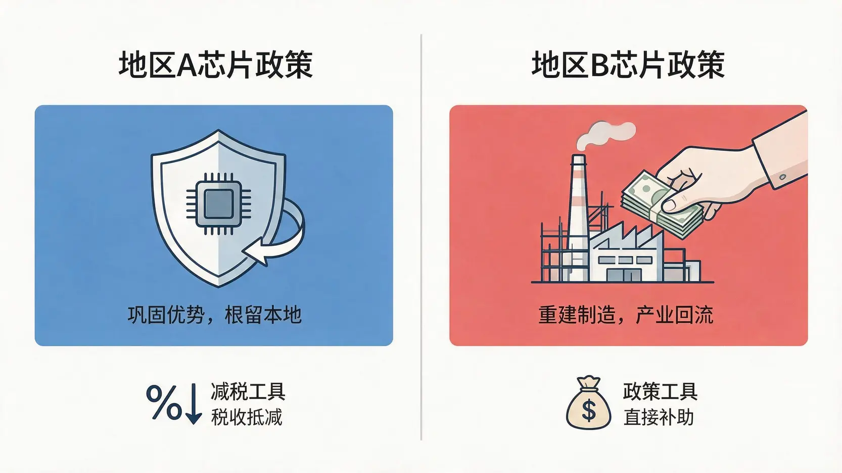台湾芯片法案与美国芯片法案的核心差异对比图,显示了两者在激励方式(税收抵减 vs 直接补贴)和战略目的(巩固优势 vs 重建制造)上的不同。
