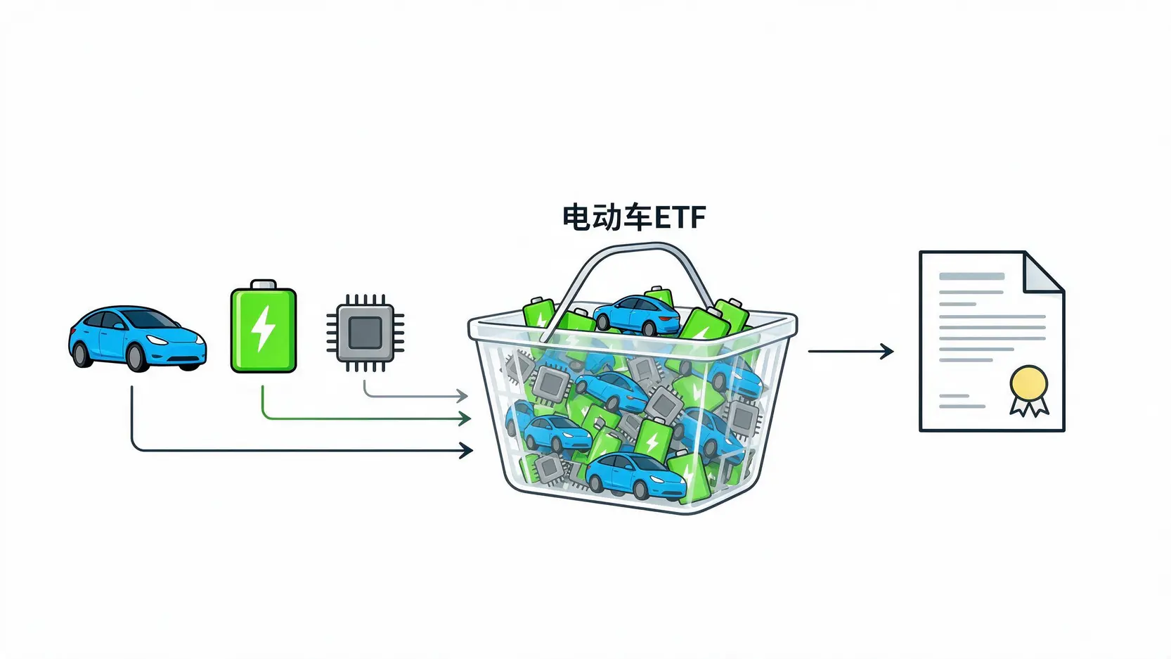 一张解释电动车ETF如何将汽车、电池和芯片等不同公司股票打包成一个投资产品的示意图。