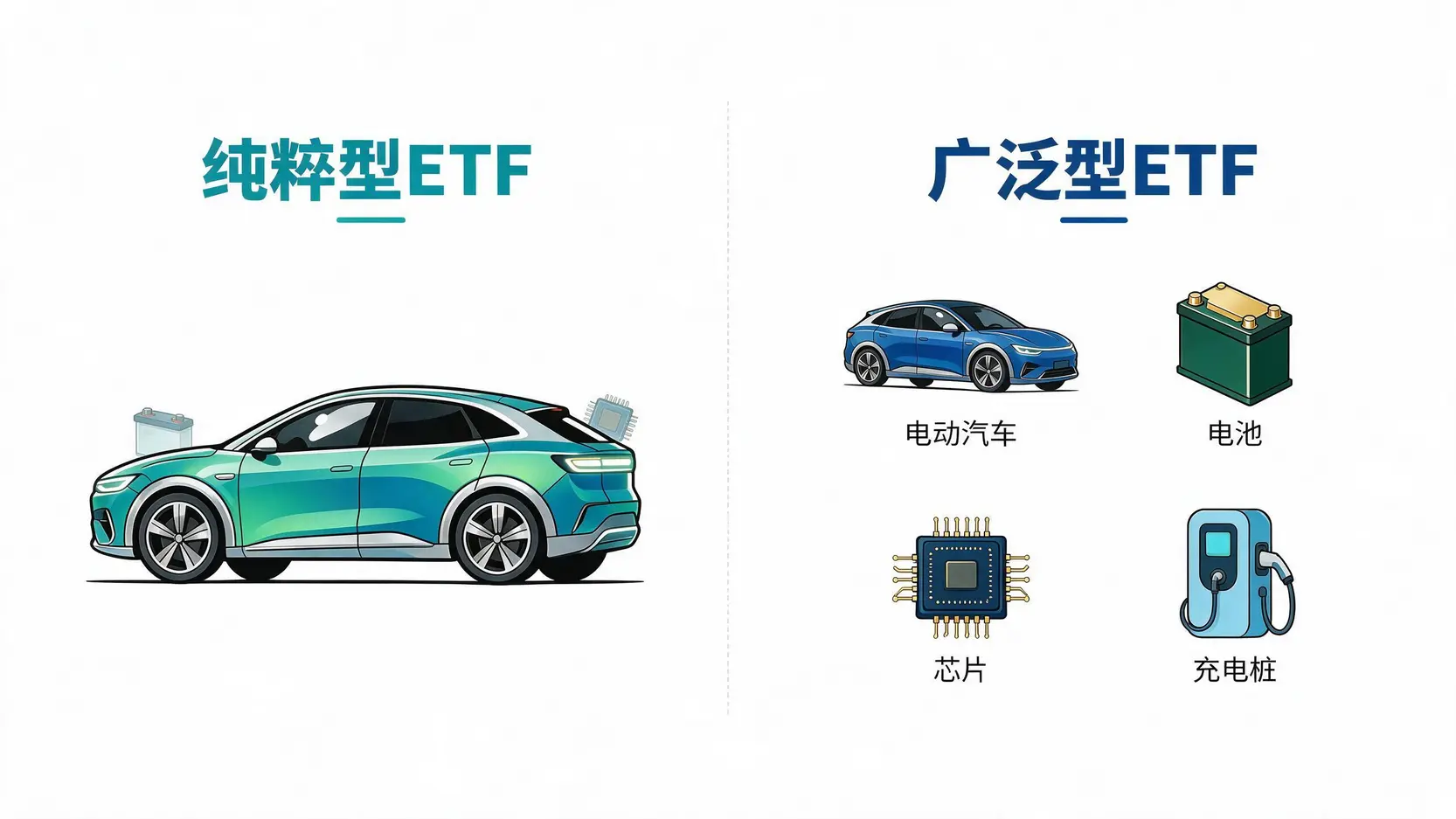 对比两种电动车ETF投资策略的示意图:纯粹型ETF聚焦整车厂,广泛型ETF覆盖全产业链。