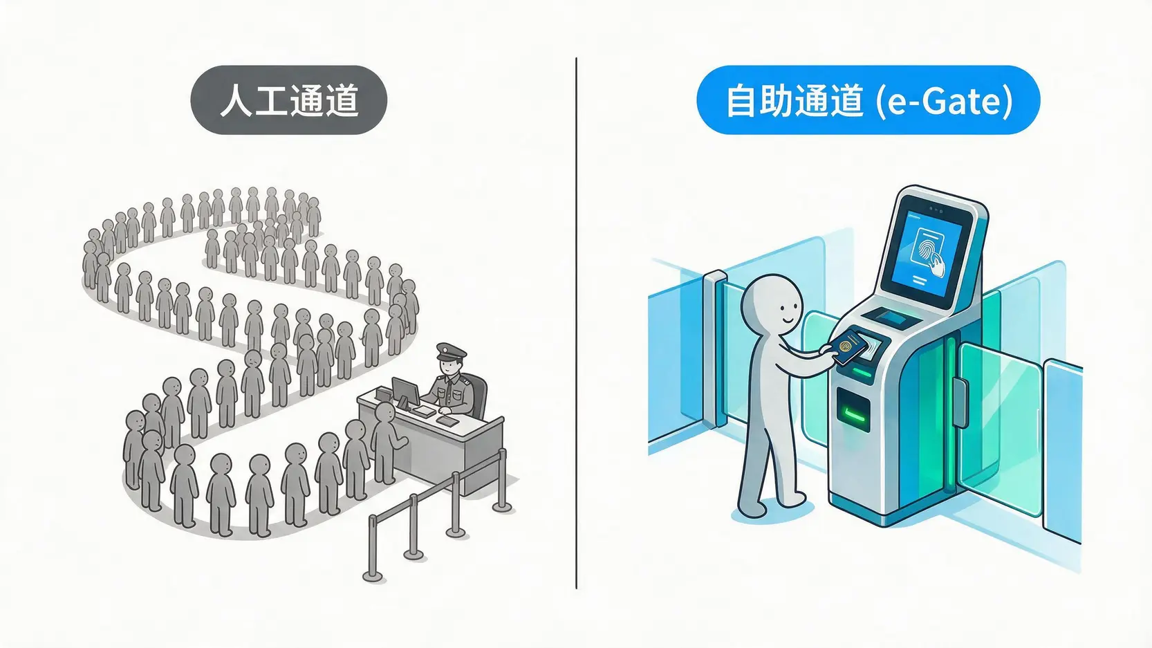 对比图,显示使用芯片护照通过自助通关(e-Gate)与传统人工通道排队的区别。