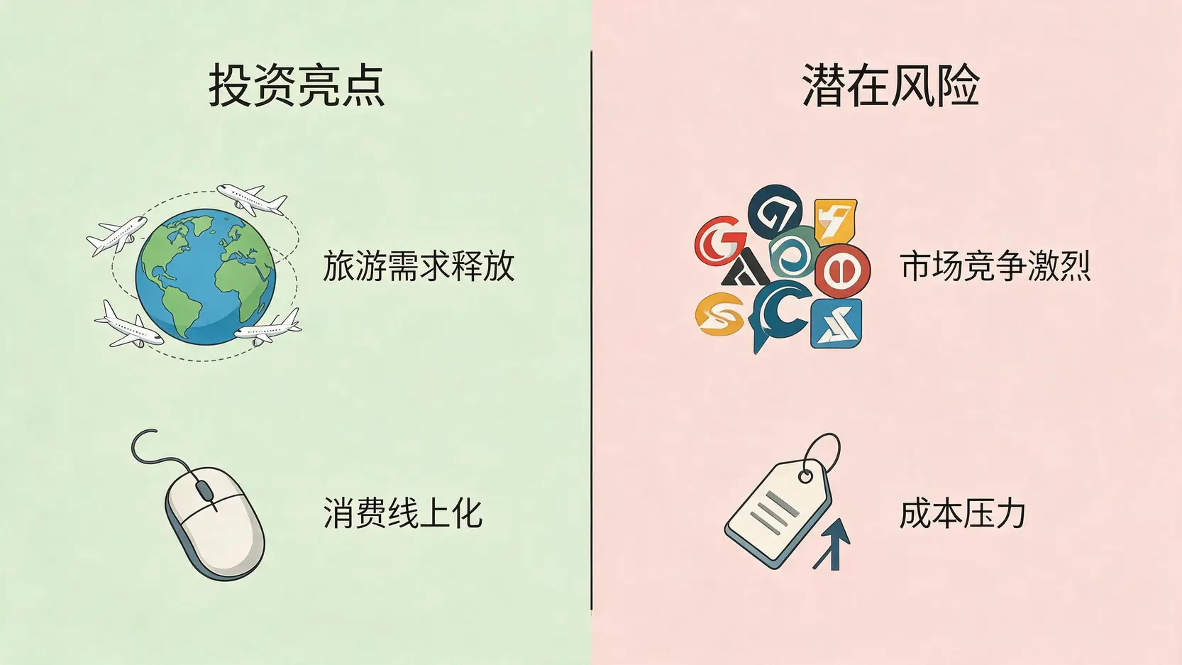 2026年投资易飞网的机遇与风险对比图,亮点包括旅游需求释放,风险包括市场竞争和成本压力。