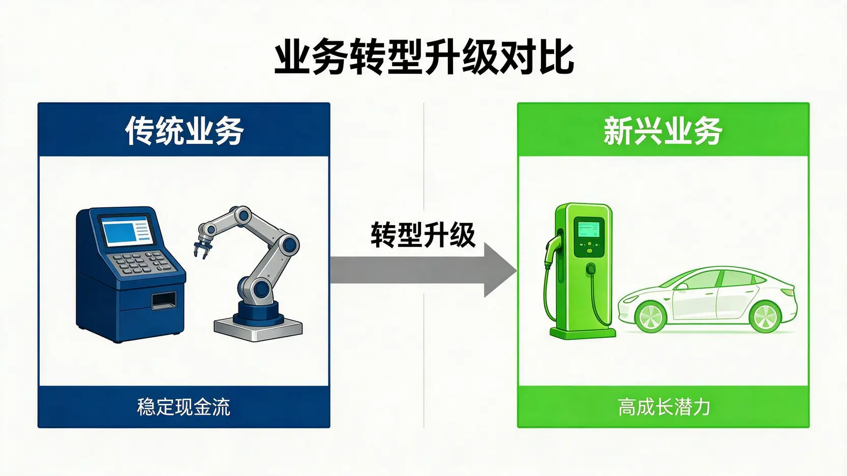 连宇公司从传统POS机与工业电脑业务转型至新兴电动车充电桩业务的战略示意图