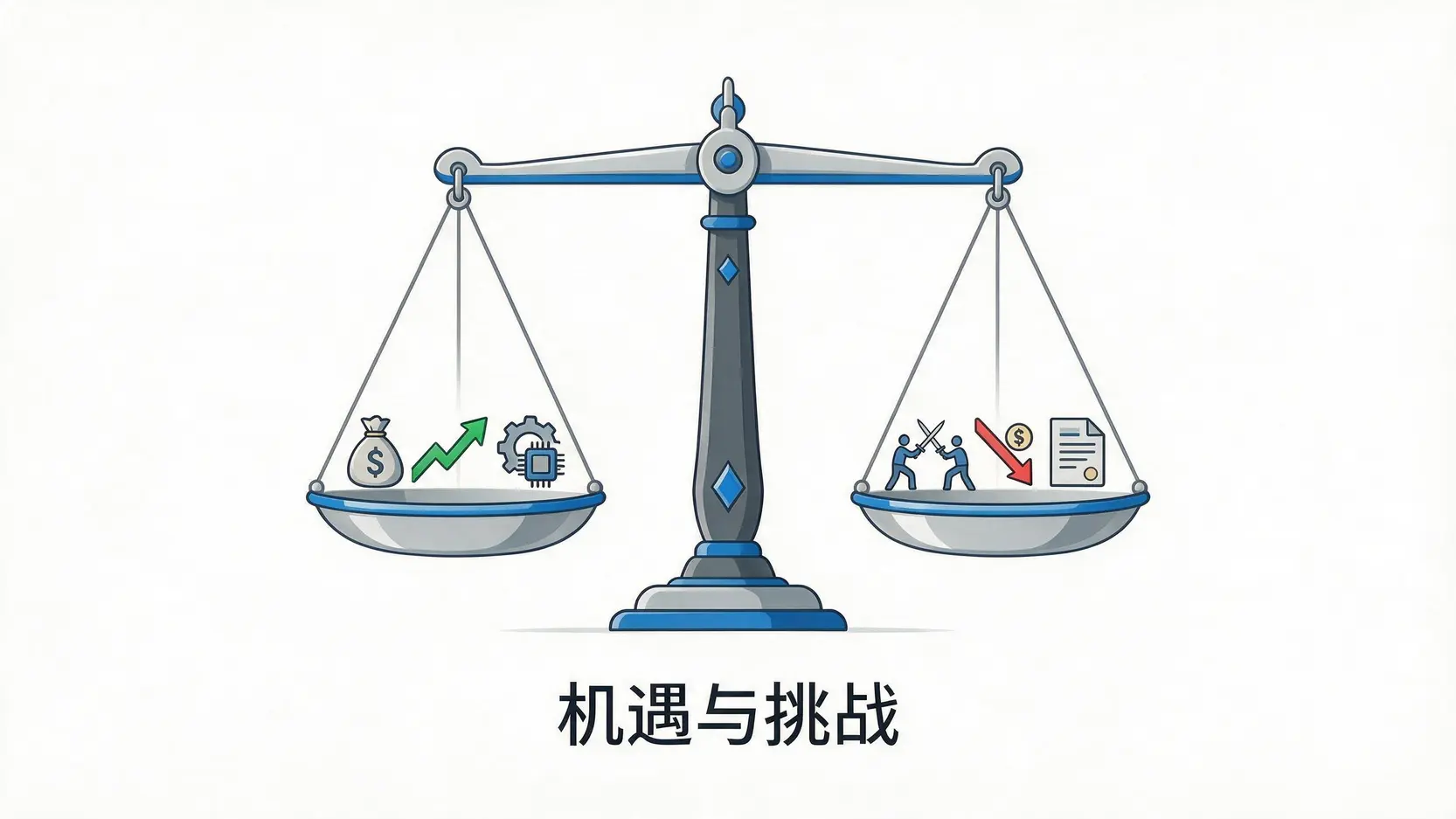 以天平形式展示投资连宇股票的亮点与风险对比,包括稳固业务基础和市场竞争等因素。
