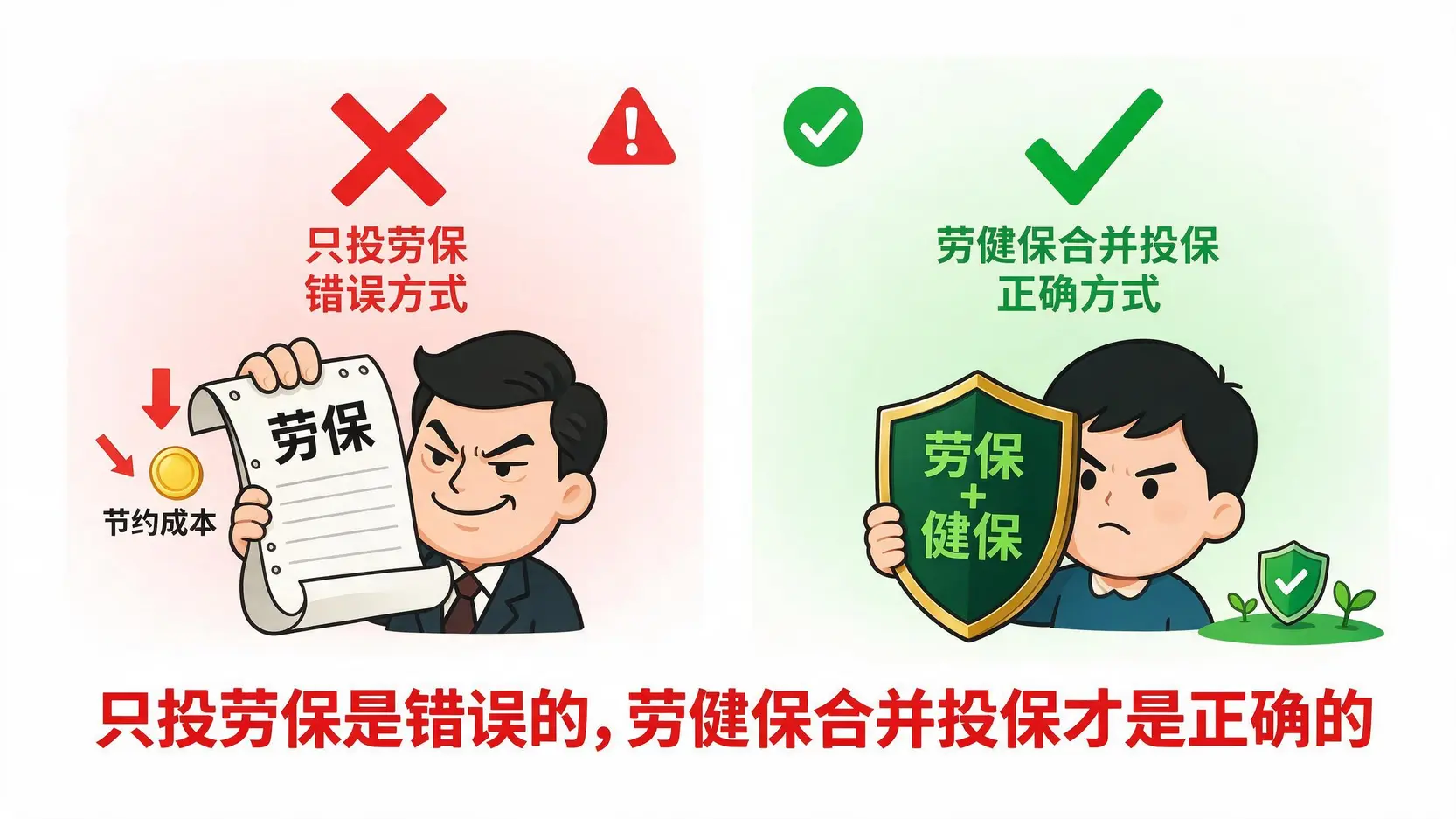 一张示意图,对比了雇主只提供劳保的违法行为与员工应得的劳健保合并保障。