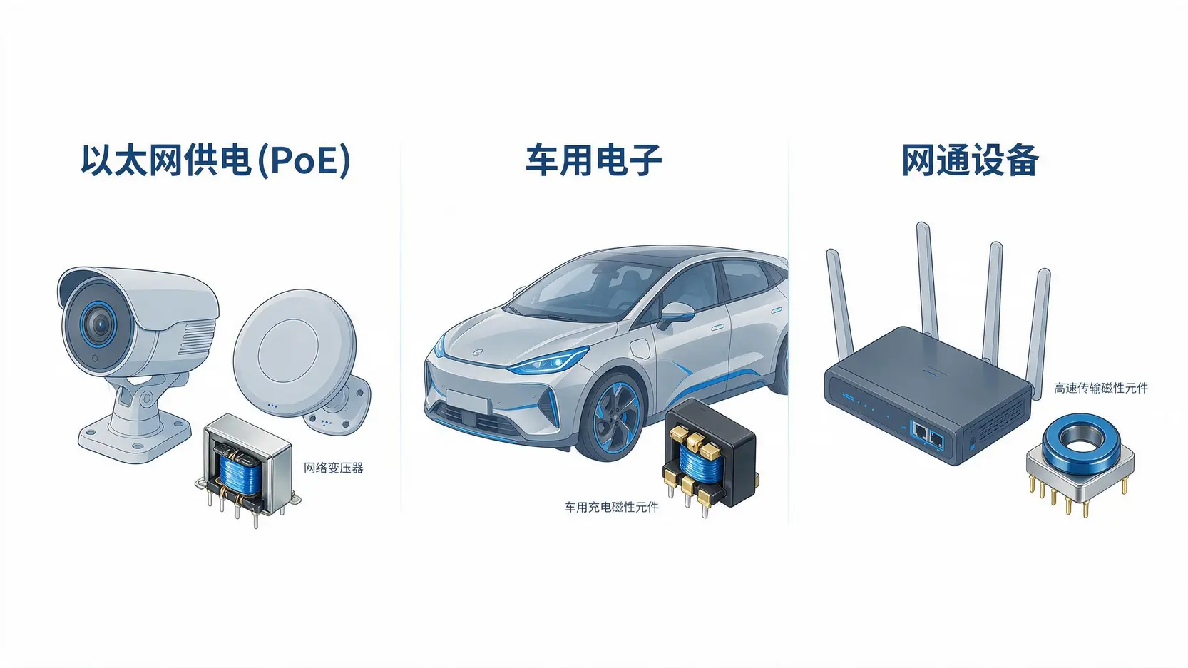 联宝电子核心业务示意图,展示其在以太网供电、车用电子和网通设备三大领域的磁性元件产品应用。