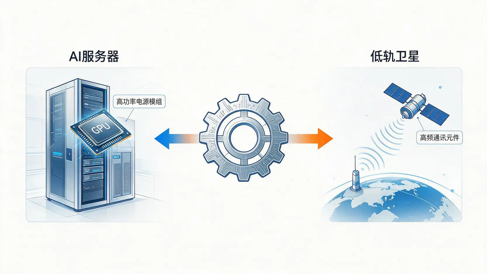 联宝电子未来两大增长动能示意图:AI服务器的高功率电源模组和低轨卫星的高频通讯元件。