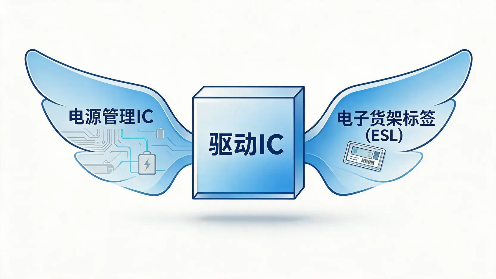 天鈺一體兩翼業務佈局圖,以驅動IC為主體,電源管理IC和電子貨架標籤為兩翼。
