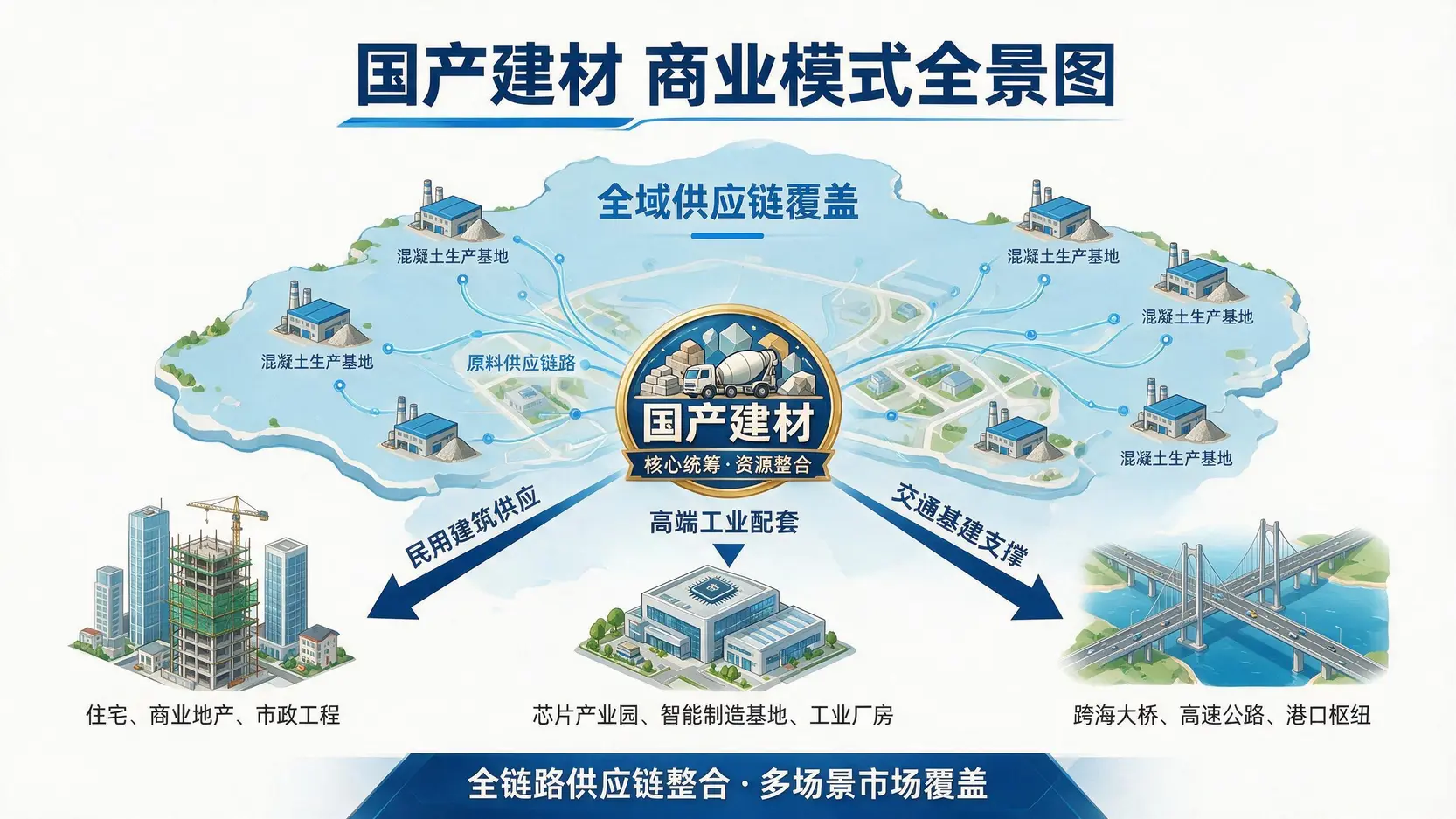 国产建材在台湾的业务版图示意图,展示其遍布全台的厂区网络为各类大型建筑工程供应混凝土。