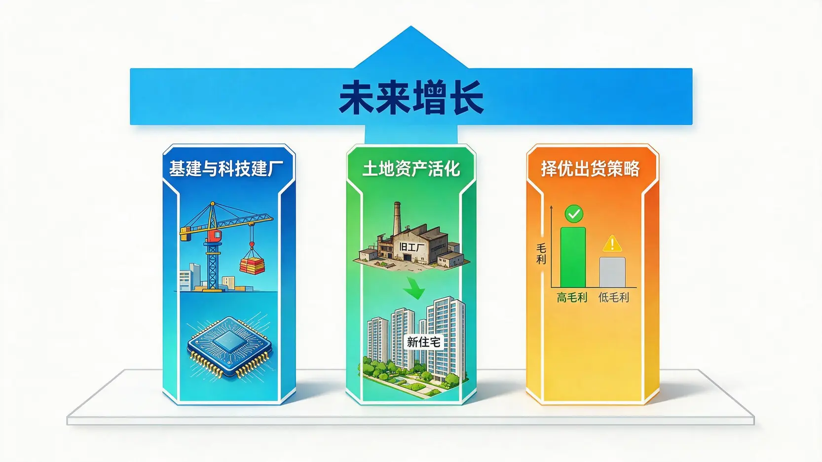 国产未来股价三大成长动能示意图:基建与科技建厂、土地资产活化、以及择优出货策略。