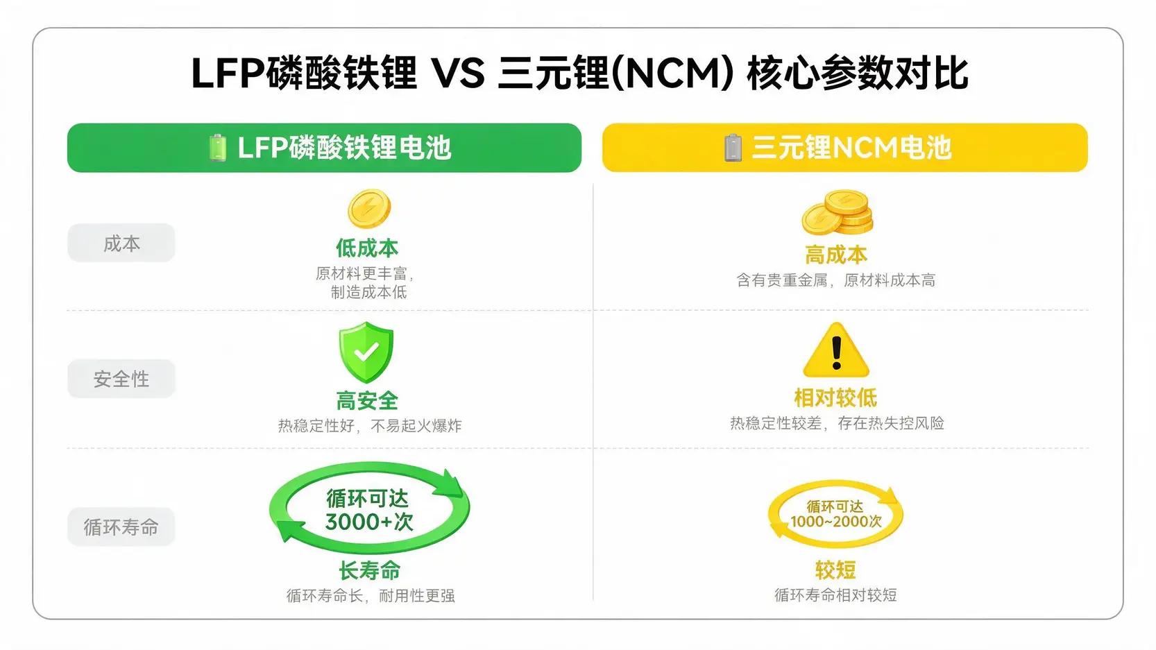 LFP磷酸铁锂电池与三元锂NCM电池的对比图,展示了两者在成本、安全性和循环寿命上的主要差异。
