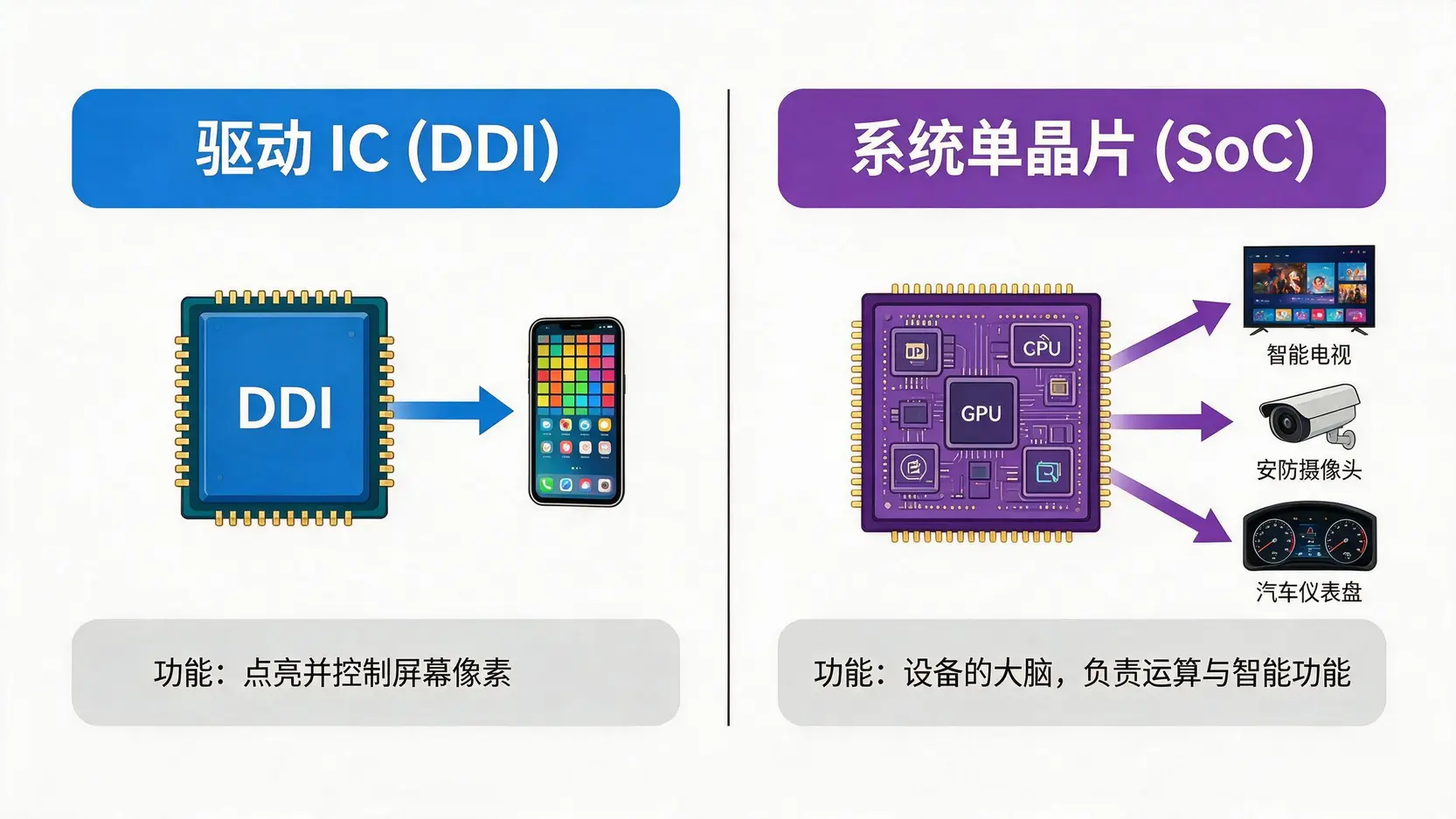 一张对比图,说明联咏的驱动IC(DDI)和系统单晶片(SoC)两种核心产品的区别。DDI负责点亮屏幕,SoC是设备的大脑。