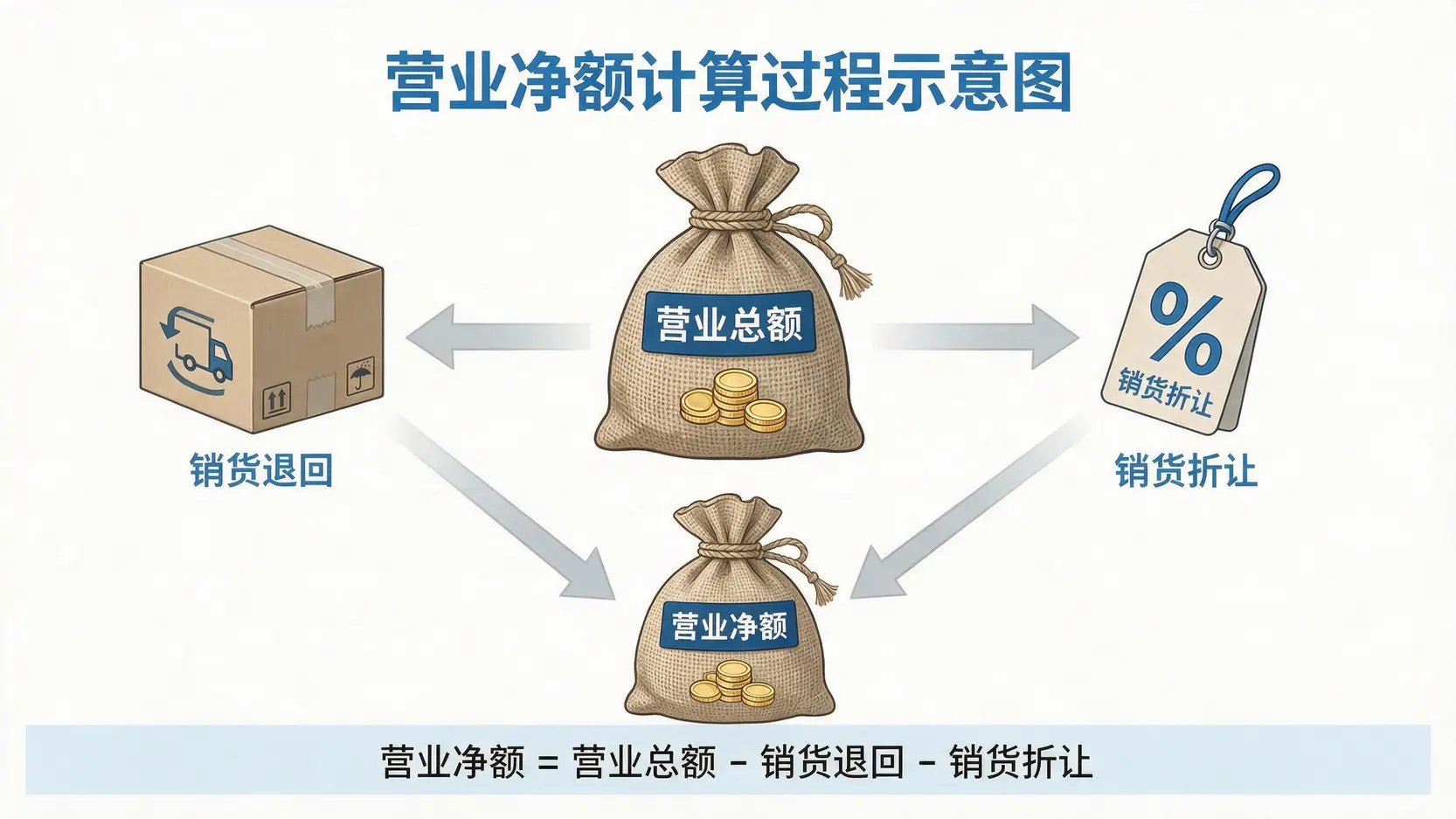 一张图解释营业净额的计算公式,显示营业总额减去销货退回和销货折让后等于营业净额。