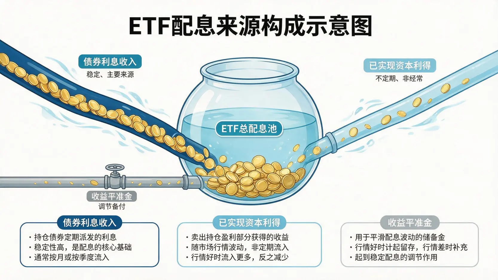 一张图解释00720B ETF的三大配息来源:主要来自债券利息收入,次要为资本利得,并由收益平准金作为调节机制。