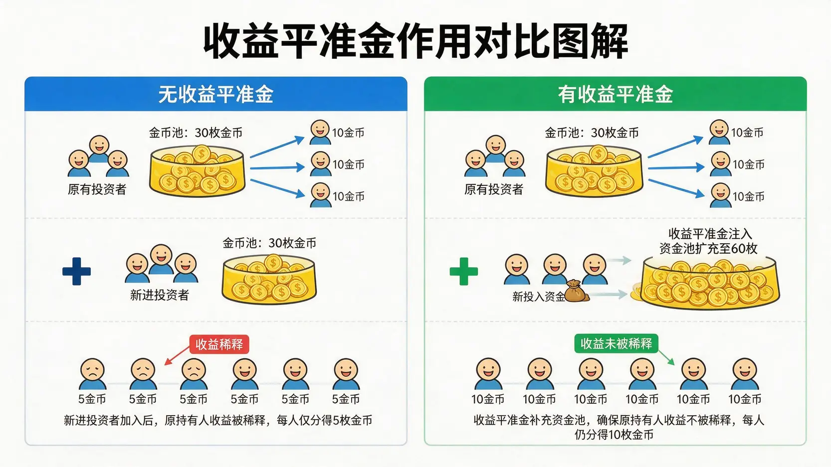 收益平准金机制对比图,展示了该机制如何防止新进投资者的资金稀释原有投资者的配息收益。
