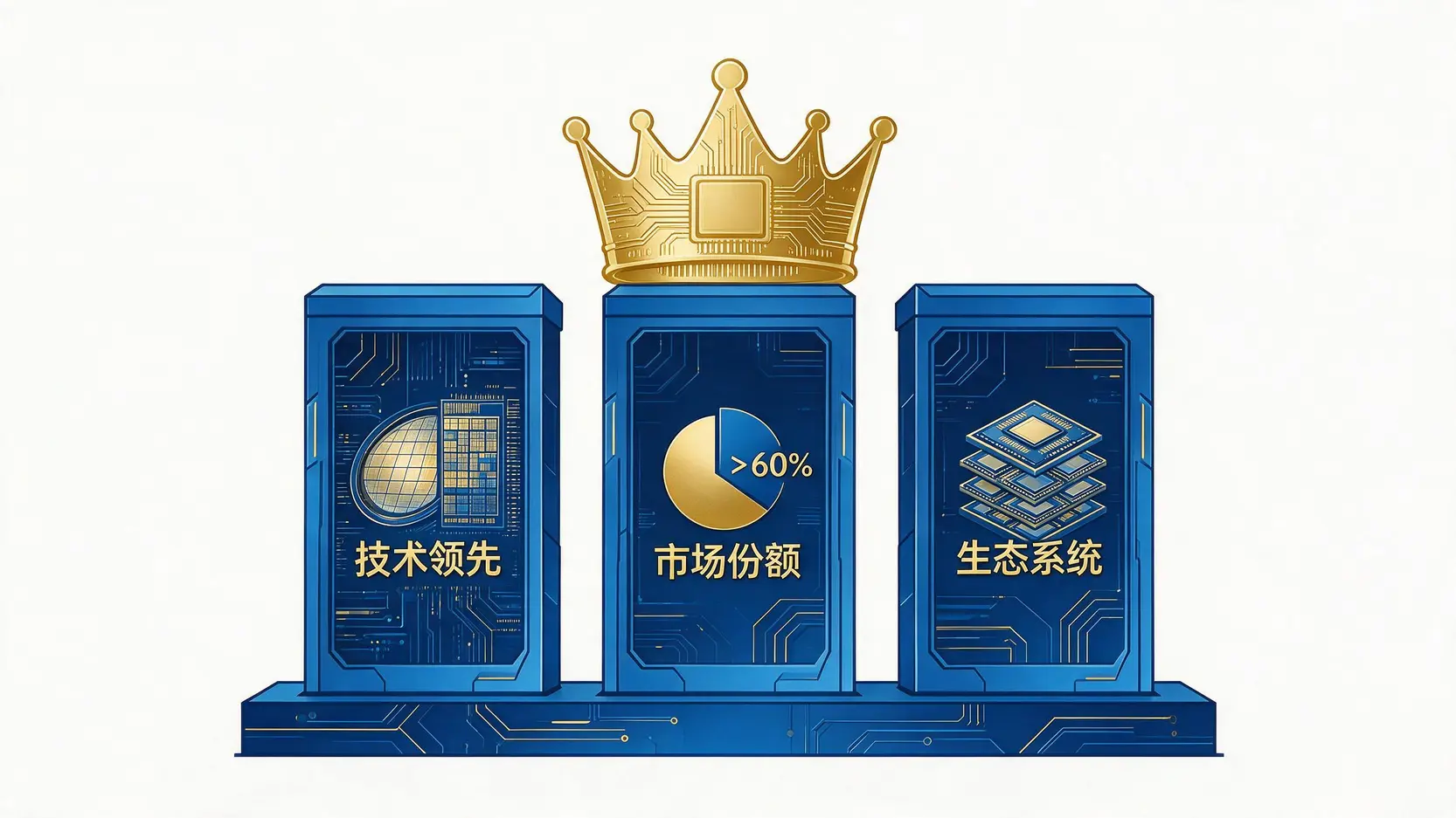 台积电三大护城河示意图:技术领先、市场份额和生态系统。