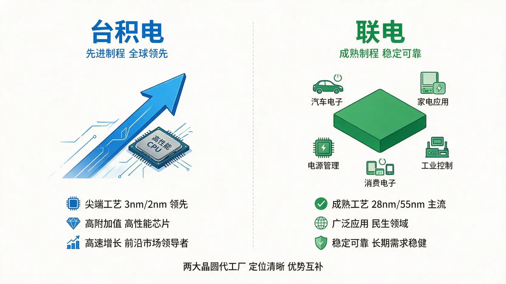 台积电与联电市场定位对比图。台积电专注于先进制程,如同冲刺冠军;联电专注于成熟制程,如同长跑健将。