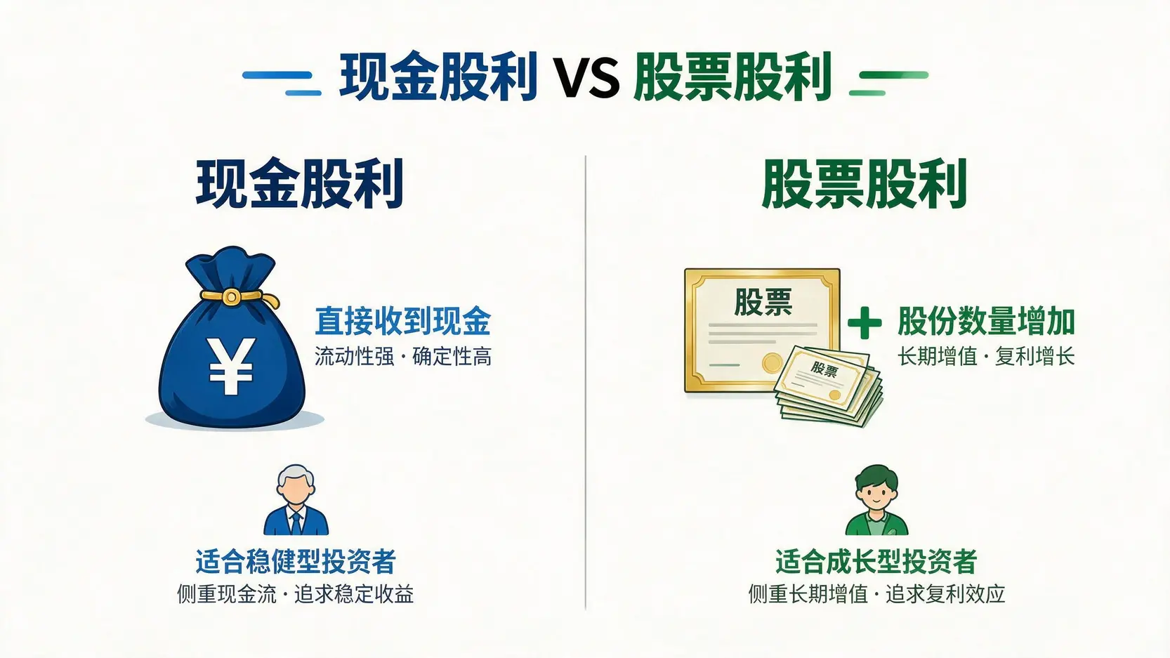 现金股利与股票股利的对比图,左边显示现金股利适合追求现金流的退休人士,右边显示股票股利适合追求复利增长的年轻投资者。