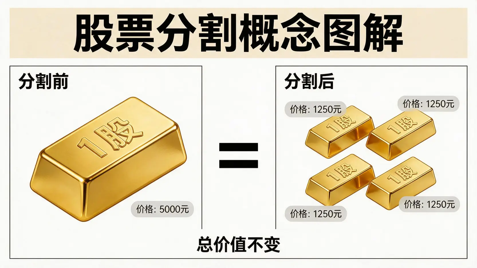 股票一股拆四股的概念示意图,图中显示分割前的一大股等于分割后的四小股,总价值保持不变。