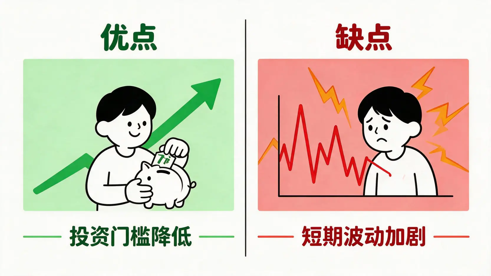 股票分割对投资者的利弊对比图。左边是优点,显示小资族也能轻松投资;右边是缺点,显示短期股价波动风险增加。