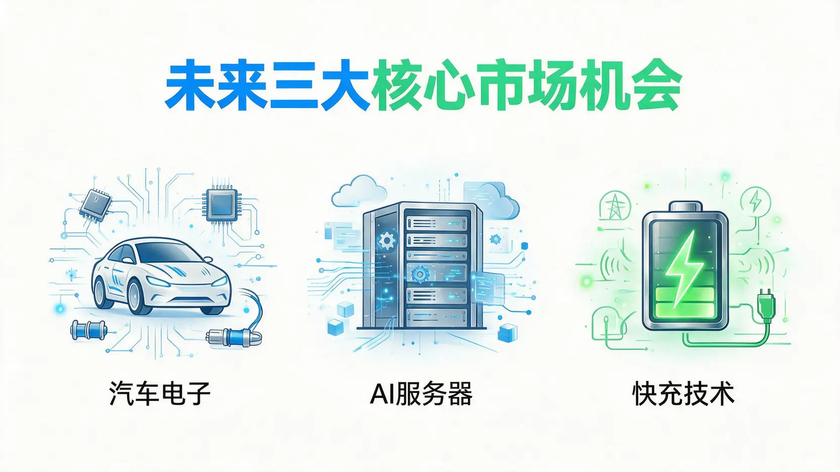 图表展示德微公司的三大未来成长动能:汽车电子、AI服务器与资料中心、以及快充技术。