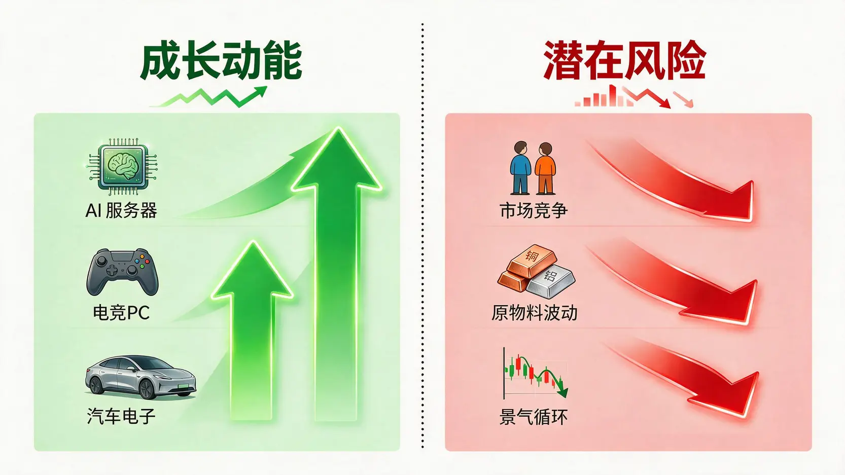 协禧的未来展望与投资风险分析,左侧为AI、电竞和汽车电子等成长动能,右侧为市场竞争和原物料波动等风险。