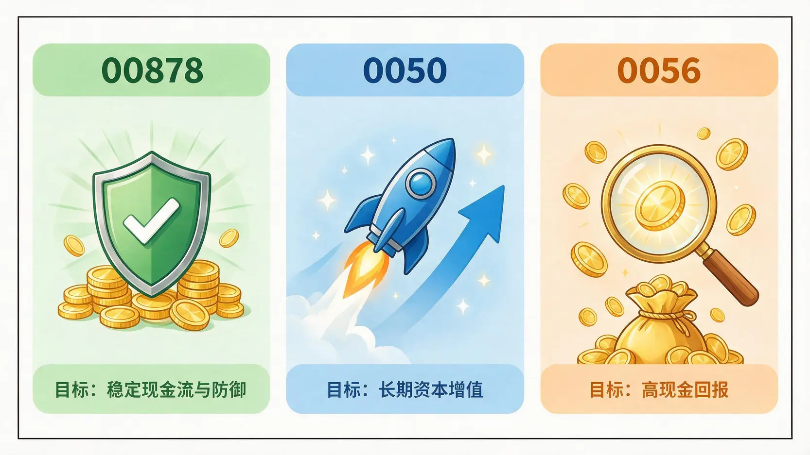 对比00878、0050和0056三只ETF投资目标的图表。