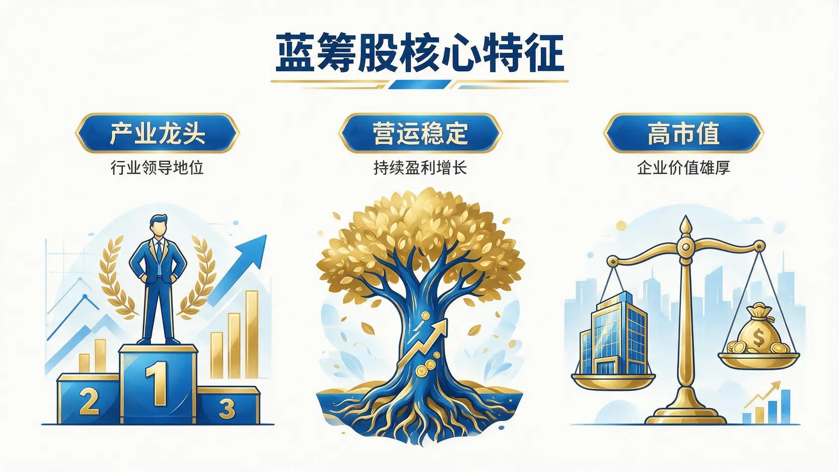一张图解释台湾蓝筹股的三大特征:产业龙头地位、长期营运稳定和高市值权重。
