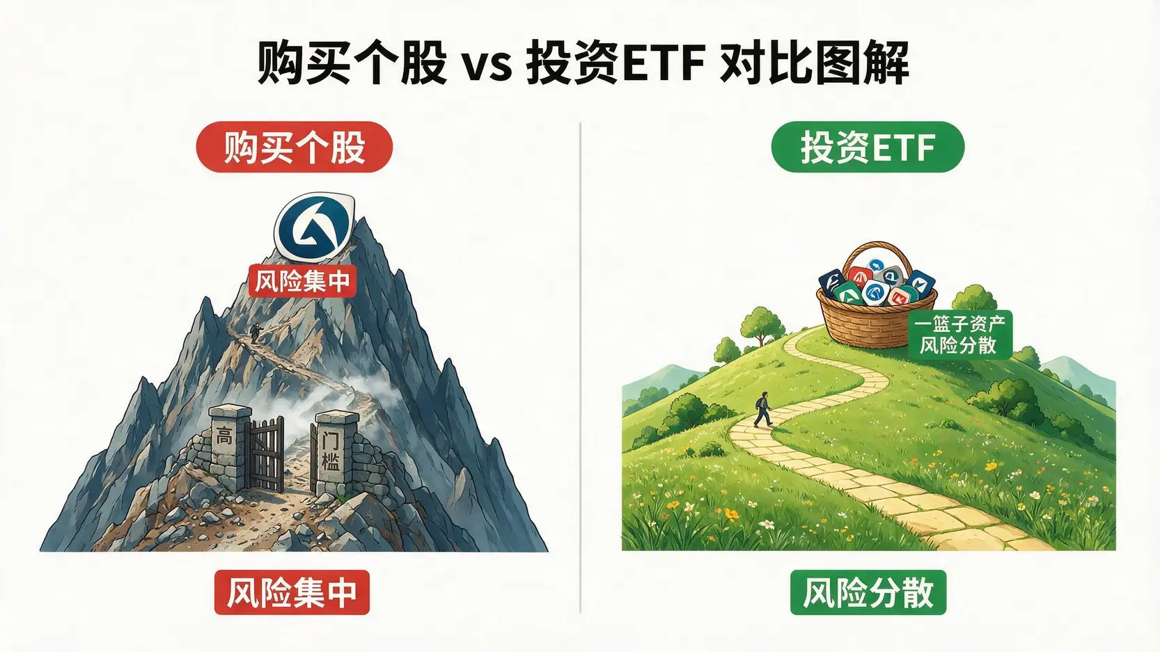投资蓝筹股的两种方式对比:直接购买个股风险集中、门槛高,而投资ETF则能分散风险、门槛低。