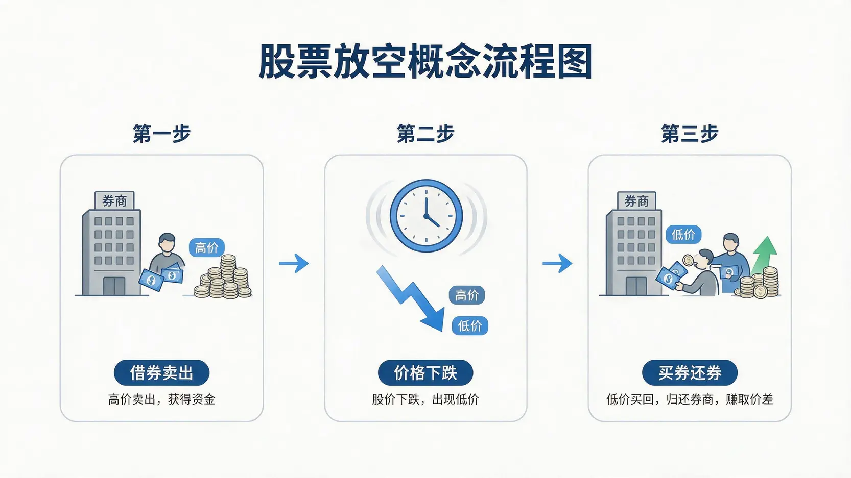 一张图解释股票放空原理,包含借券卖出、等待价格下跌和买回还券获利三个步骤。