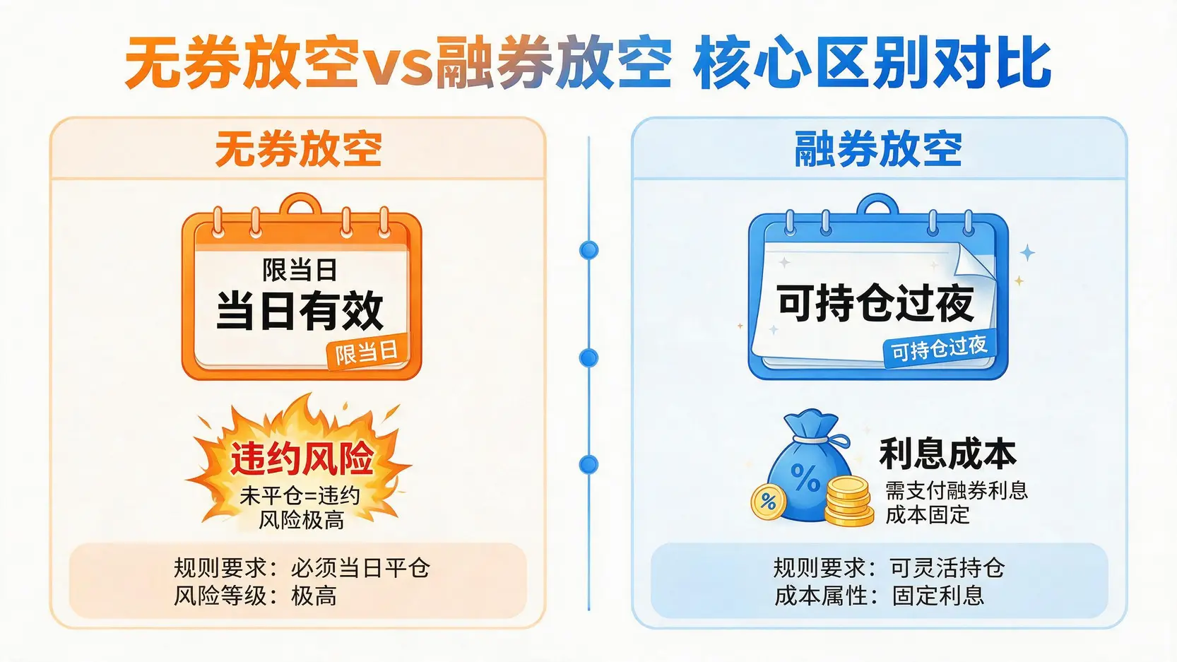 无券放空与融券放空的区别对比图,展示了两者在持仓时间和主要风险上的不同。