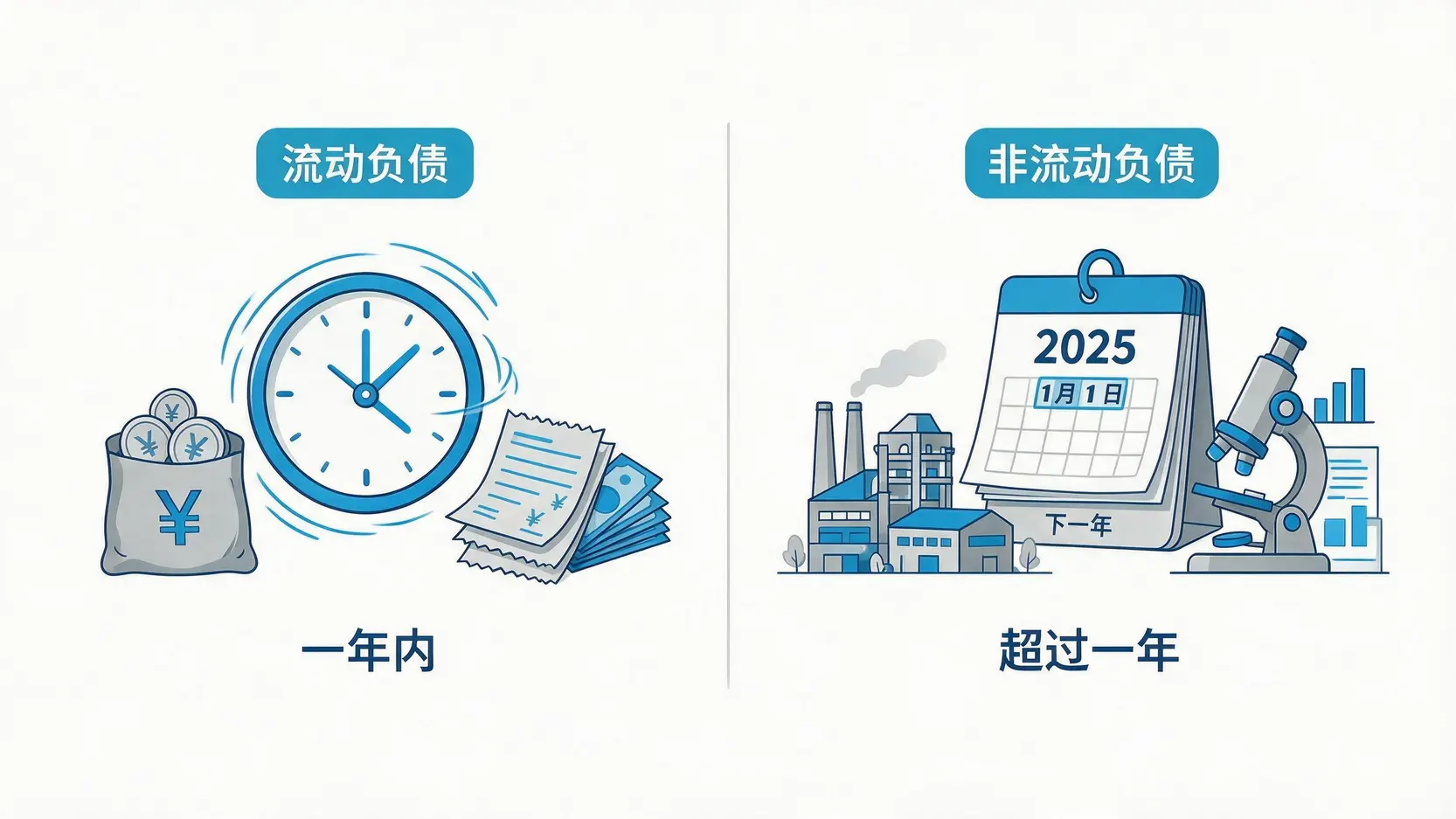 流动负债与非流动负债的特征对比图,展示了偿还期限和资金用途的差异。